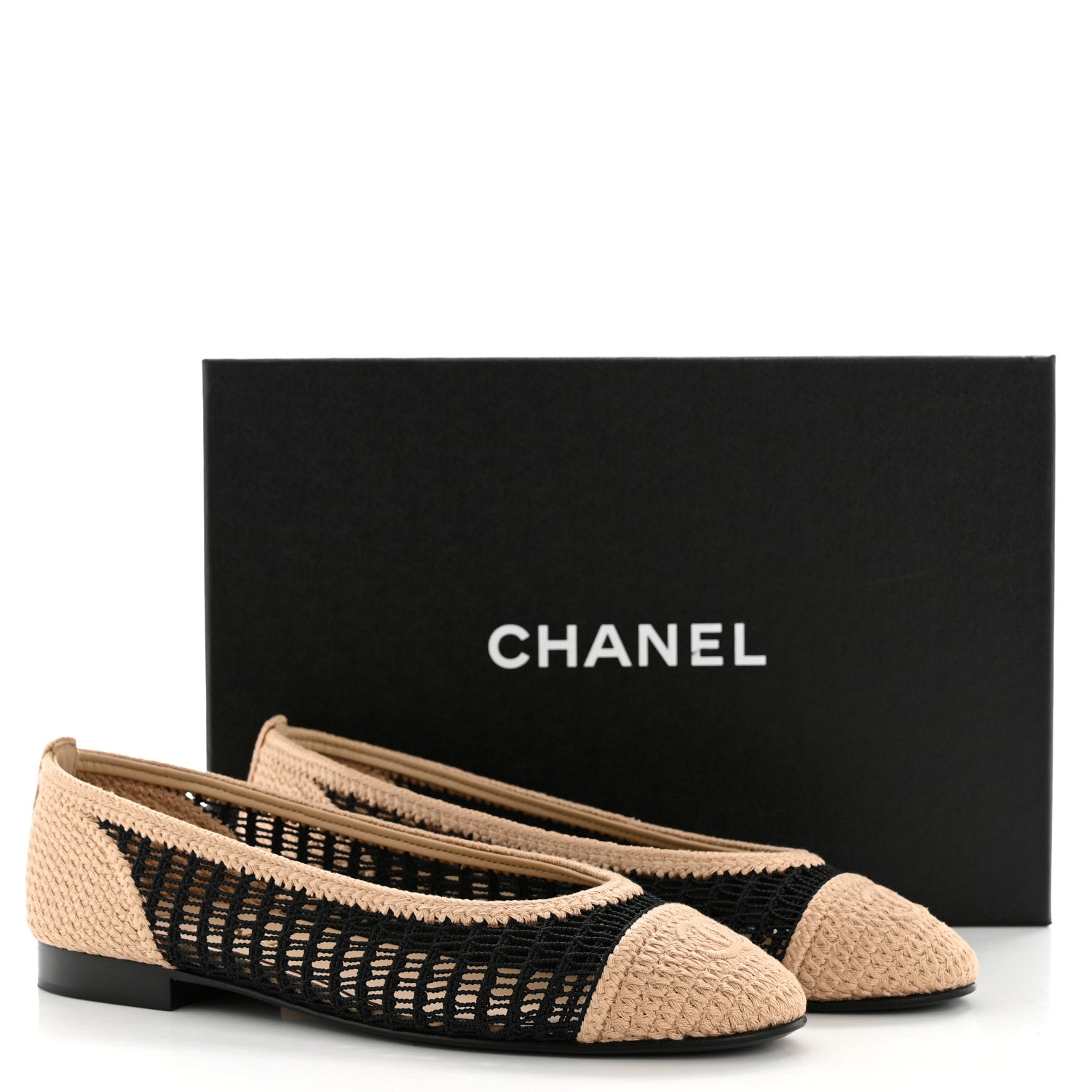 Chanel Raffia Cap Toe Ballerina Flats 40 Black Beige 1849055