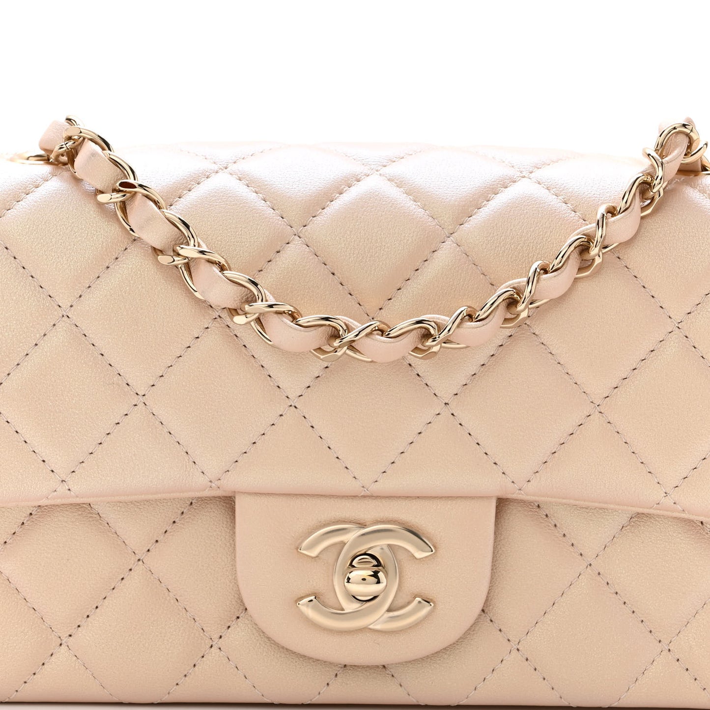 Iridescent Calfskin Quilted Mini Rectangular Flap Beige