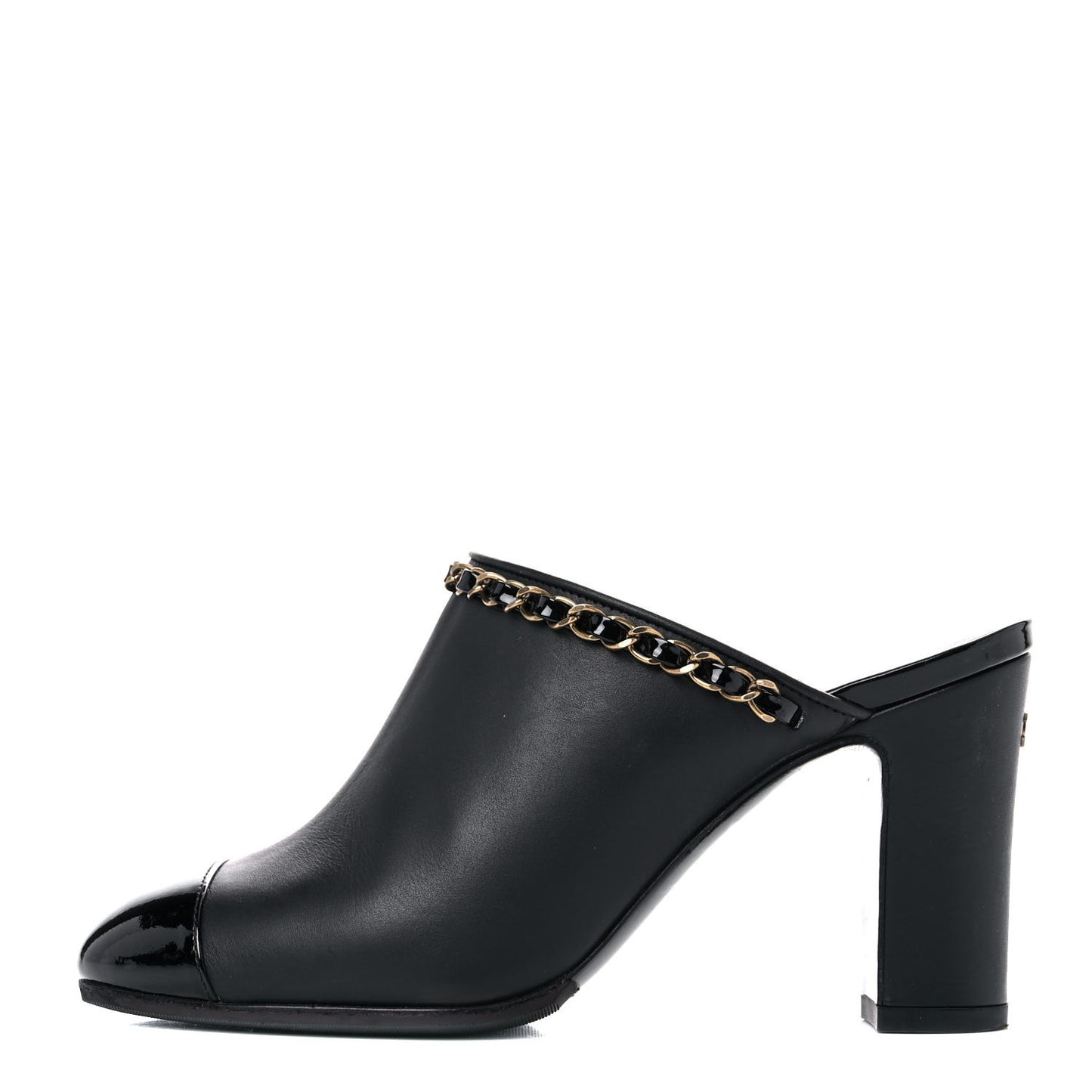 Calfskin Patent Cap Toe Chain Mule 35 Black