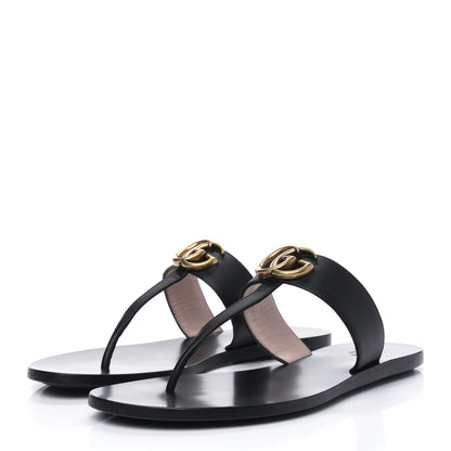 Gucci Calfskin GG Marmont Thong Sandals 37.5 Black 3 of 12