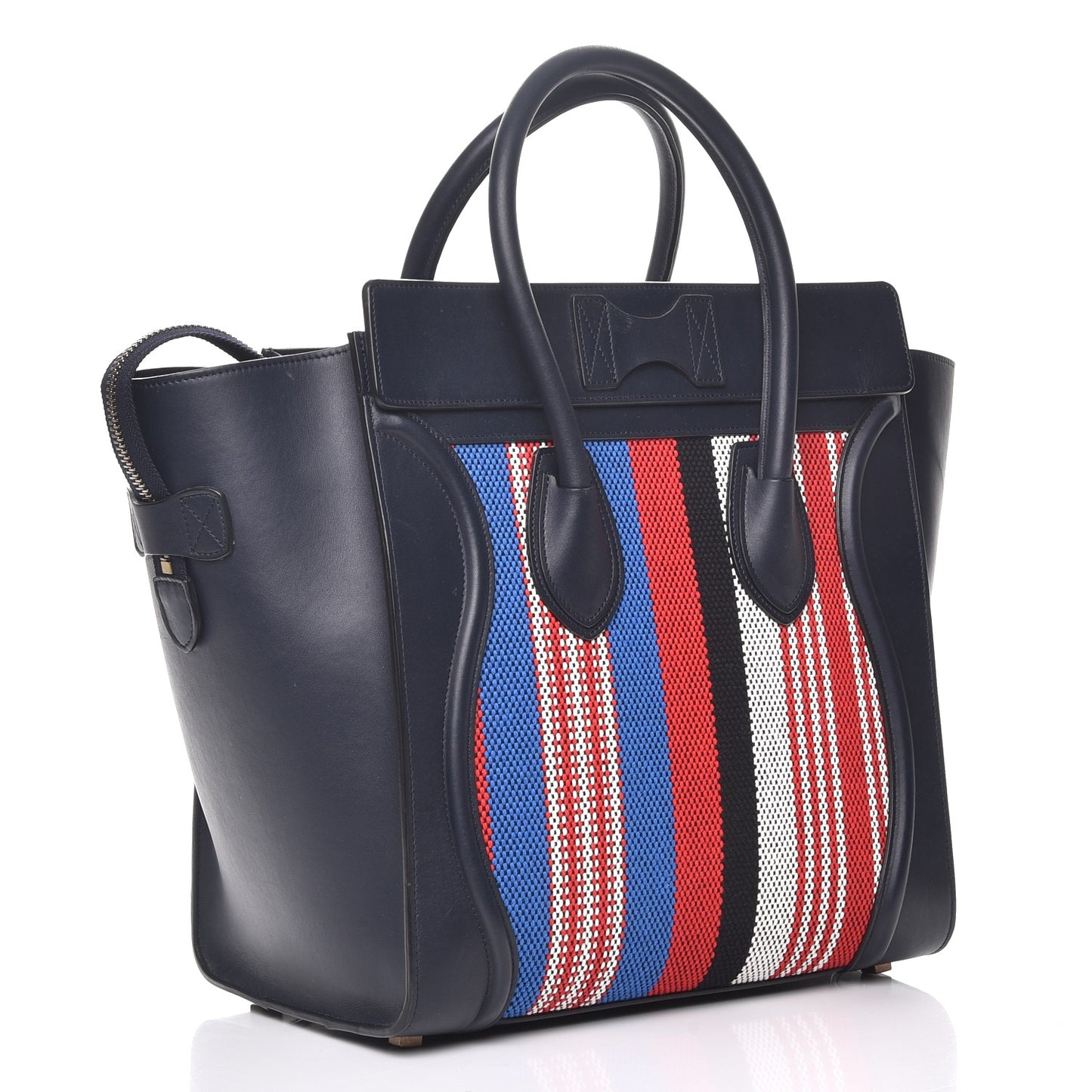 Smooth Calfskin Striped Cotton Canvas Mini Luggage Navy Blue