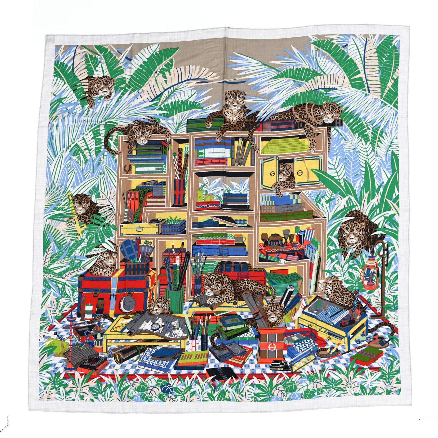 Cashmere Silk Les Douze Leopards Shawl 140 Gris Chine Vert