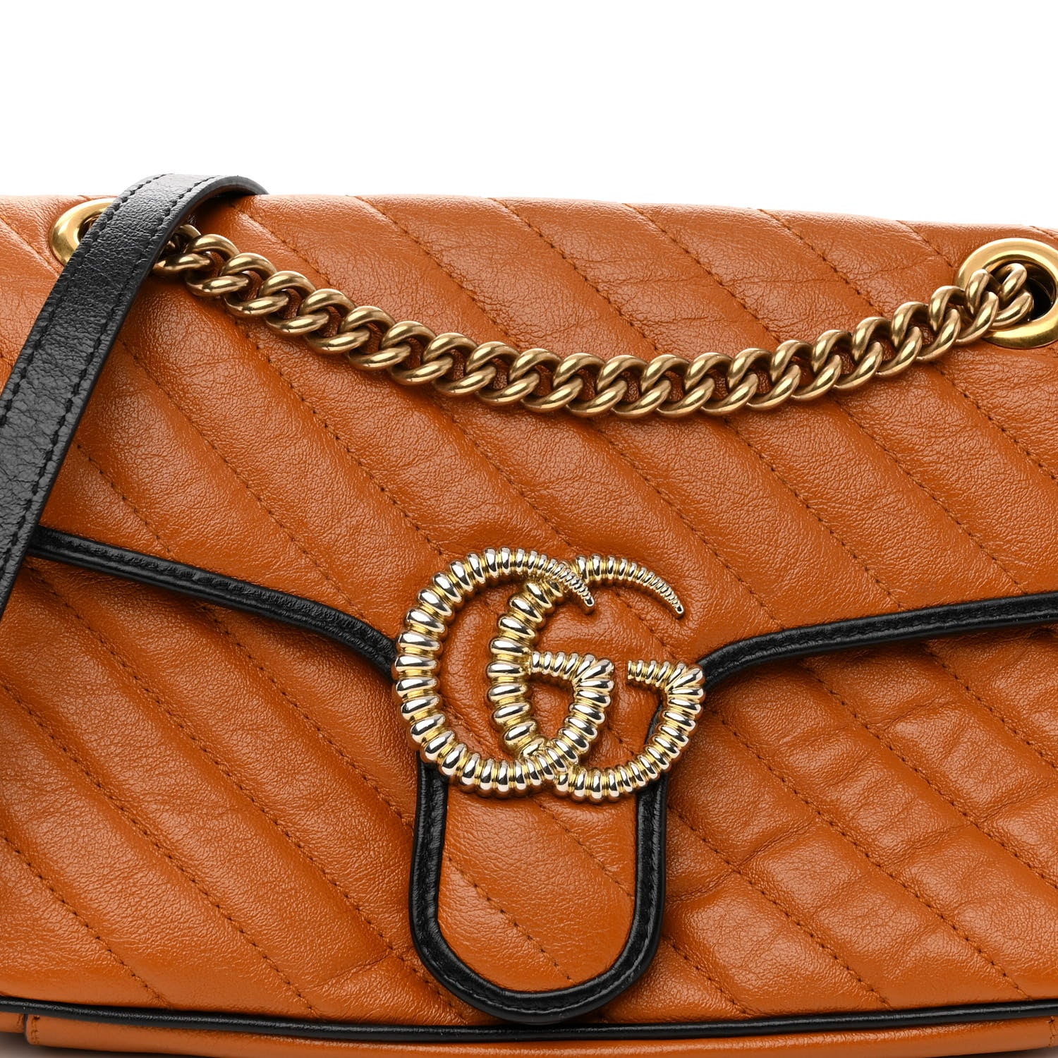 Gucci Vintage Effect Calfskin Matelasse Diagonal Small Torchon GG Marmont Shoulder Bag Cognac Black 8 of 10
