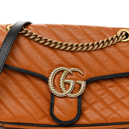 Gucci Vintage Effect Calfskin Matelasse Diagonal Small Torchon GG Marmont Shoulder Bag Cognac Black 8 of 10