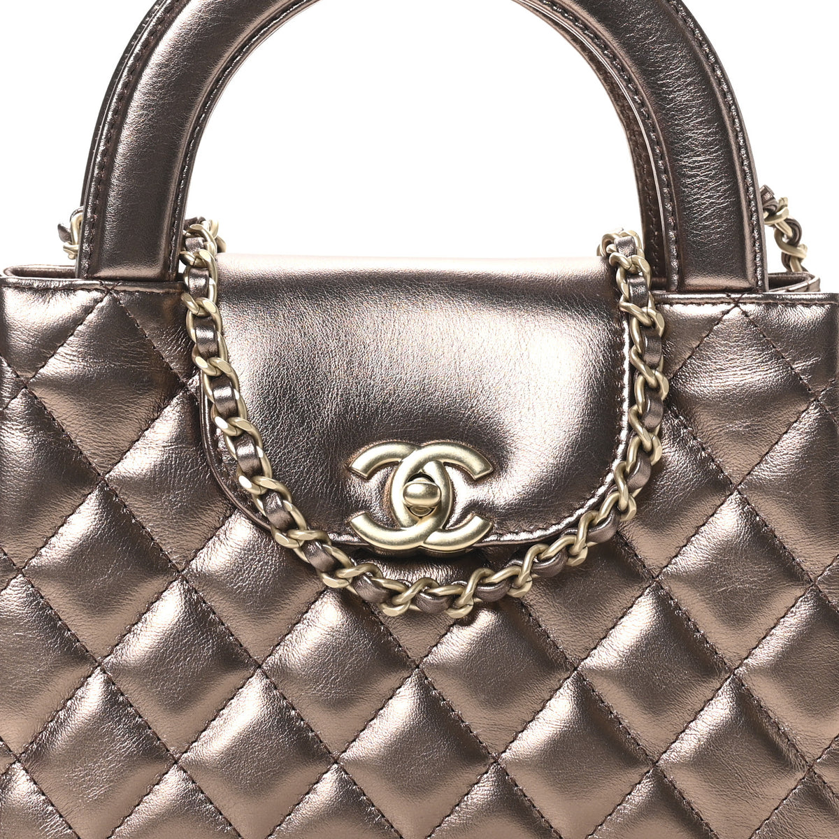 Metallic Aged Calfskin Quilted Nano Kelly Shopper Light Brown