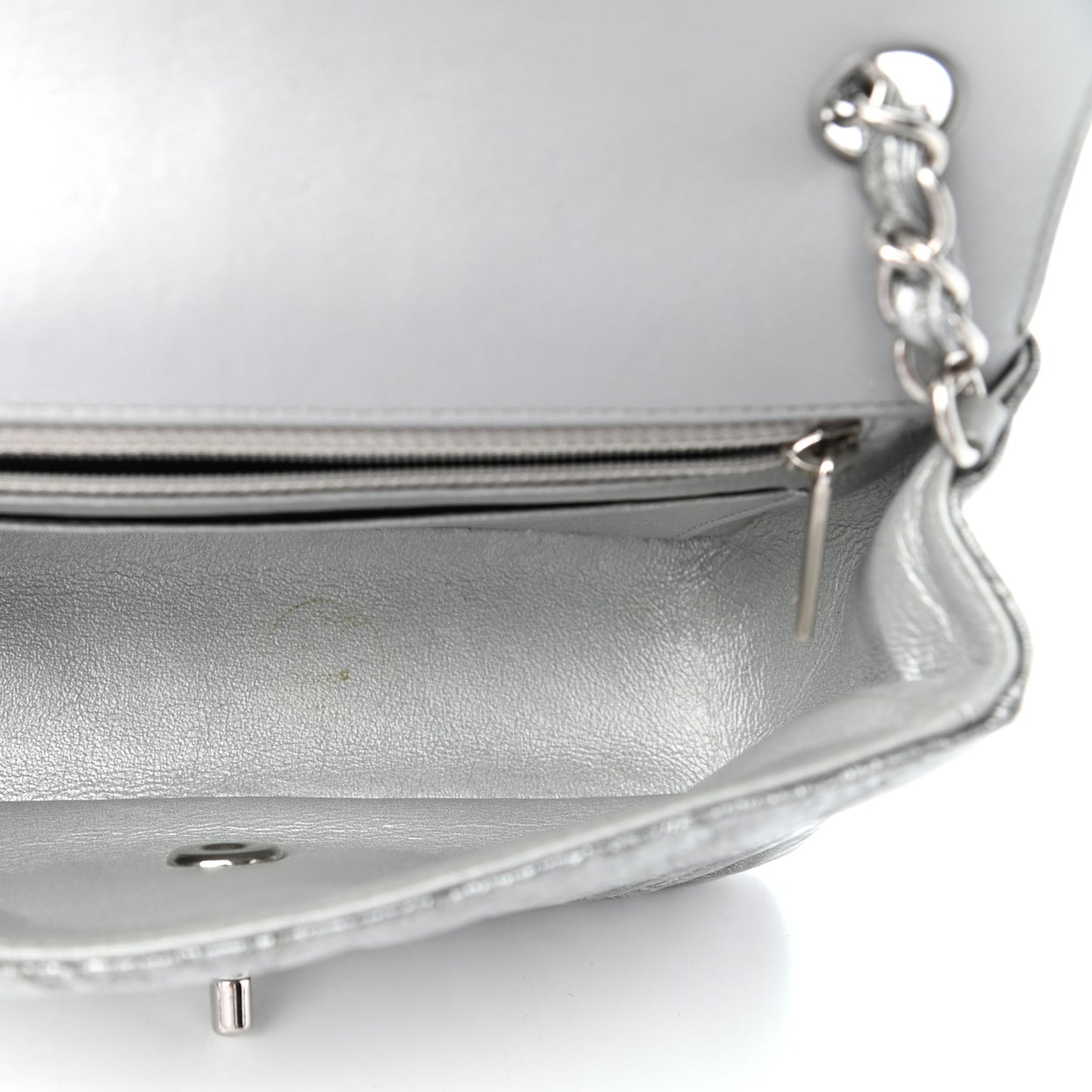Patent Metallic Crumpled Calfskin Chevron Quilted Mini Rectangular Flap Silver