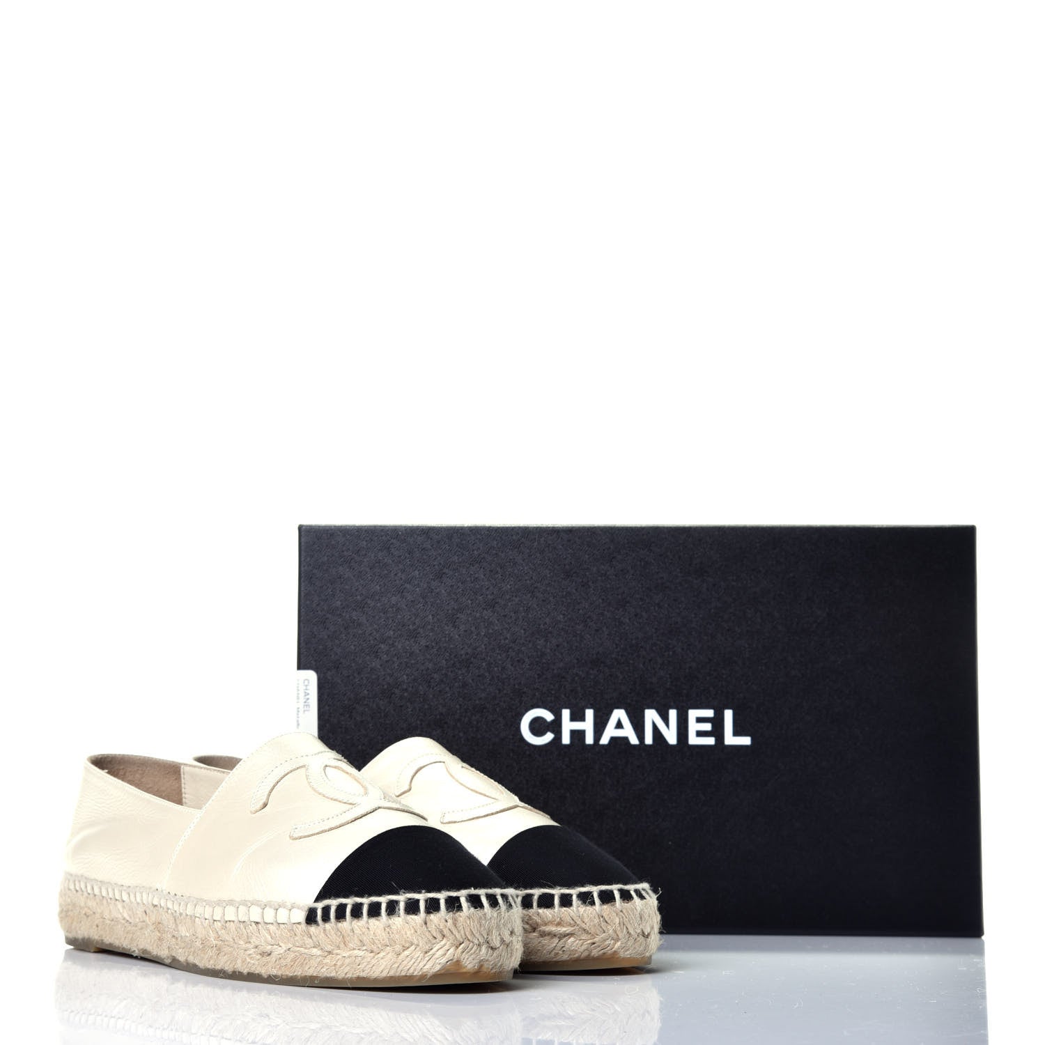Chanel Metallic Calfskin Grosgrain CC Espadrilles 37 Ivory Black 9 of 9
