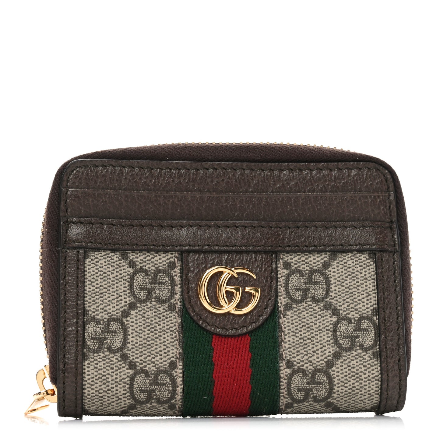 GG Supreme Monogram Textured Dollar Calfskin Web Ophidia Zip Around Card Case Wallet Beige Ebony New Acero