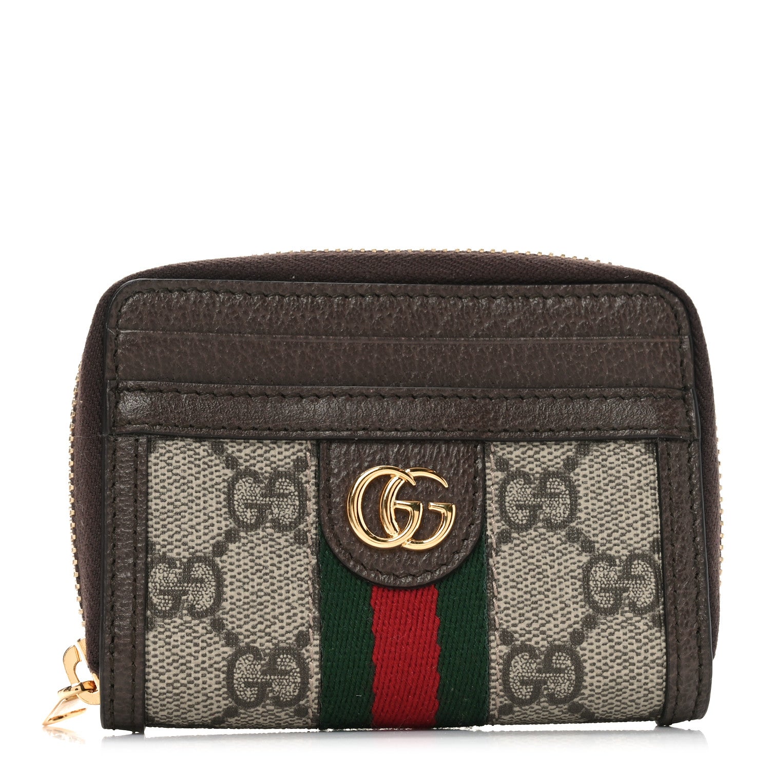 Gucci GG Supreme Monogram Textured Dollar Calfskin Web Ophidia Zip Around Card Case Wallet Beige Ebony New Acero 1 of 6