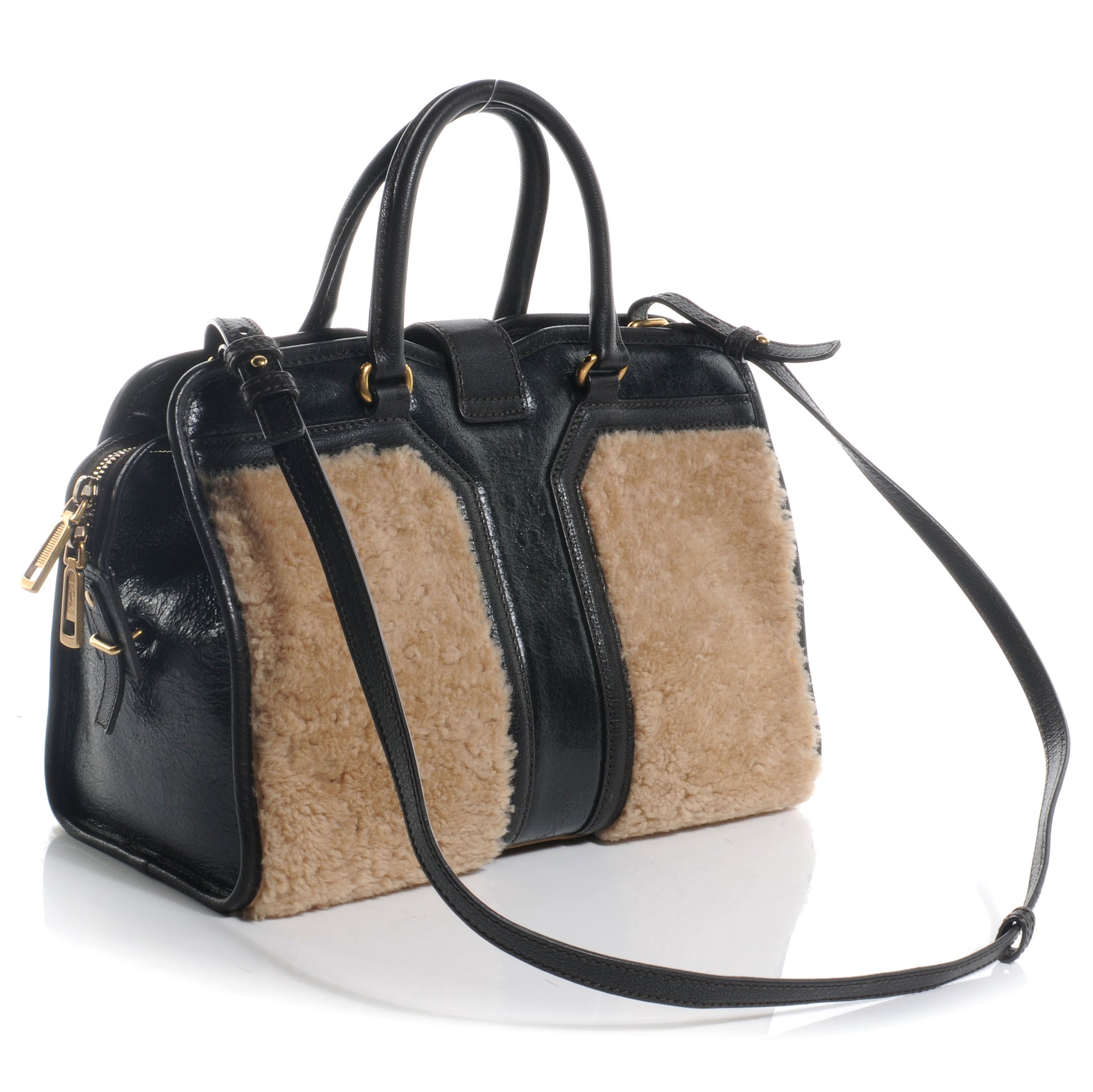 Saint Laurent Shearling Leather Mini Cabas Chyc Tote Black Brown 3 of 8