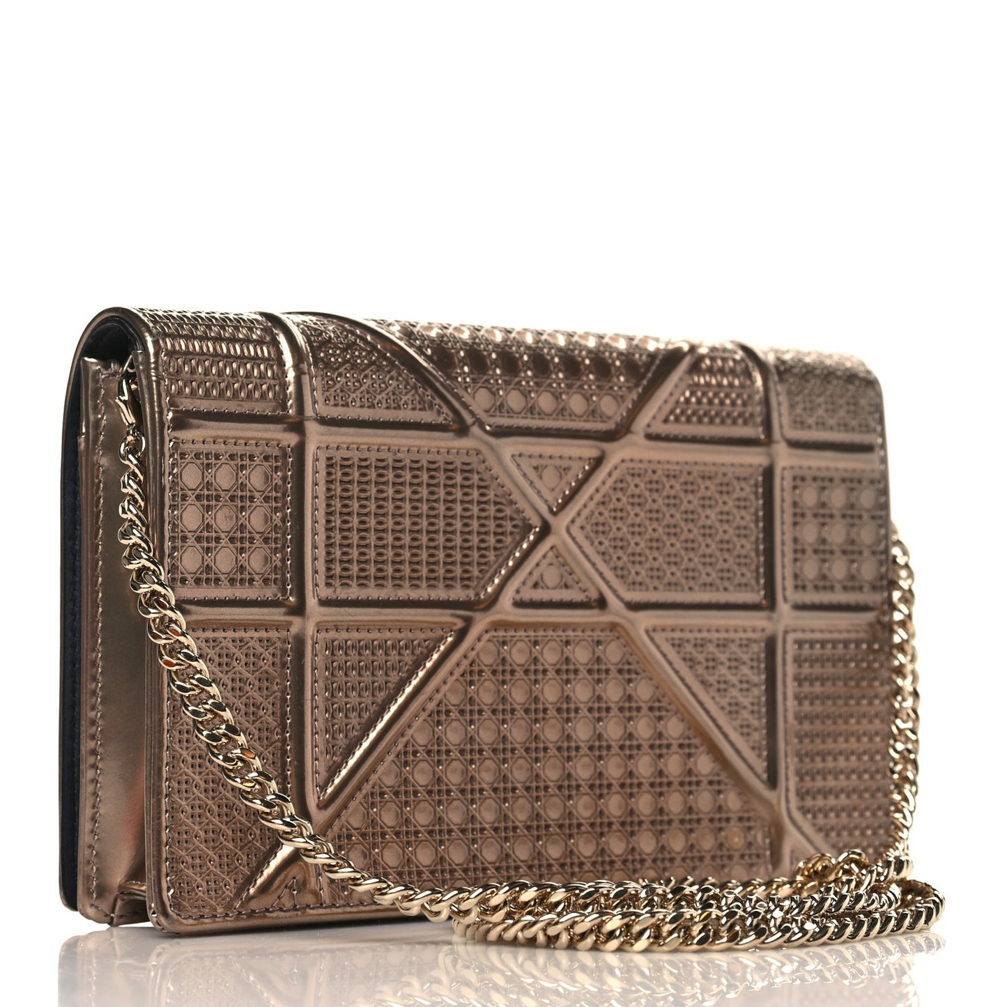 Metallic Patent Micro-Cannage Diorama Wallet on Chain Pouch Gold