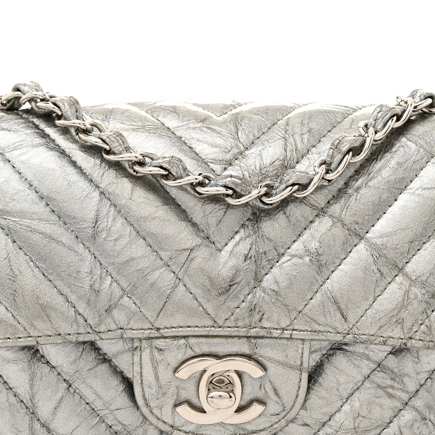 Patent Metallic Crumpled Calfskin Chevron Quilted Mini Rectangular Flap Silver