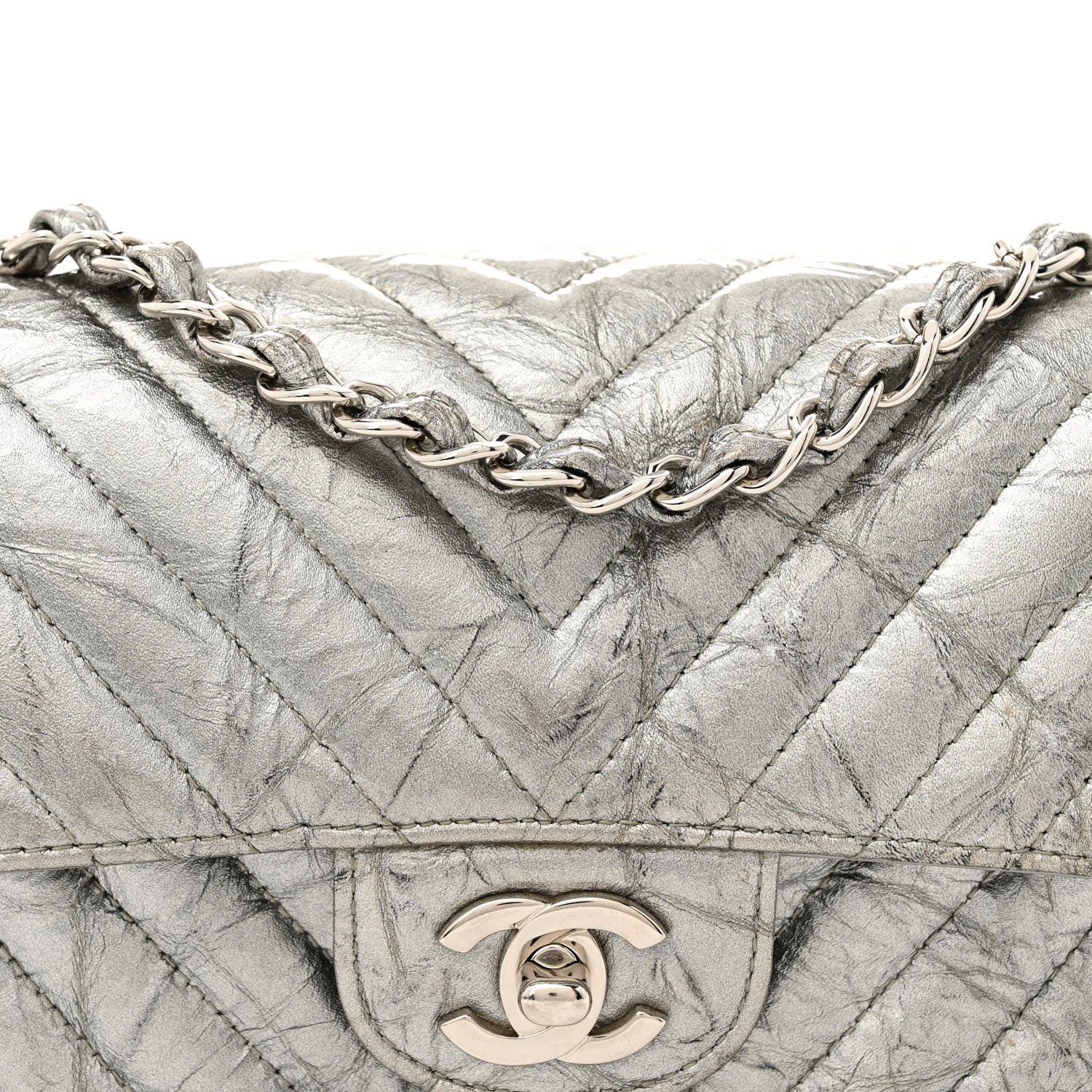 Chanel Patent Metallic Crumpled Calfskin Chevron Quilted Mini Rectangular Flap Silver 8 of 12
