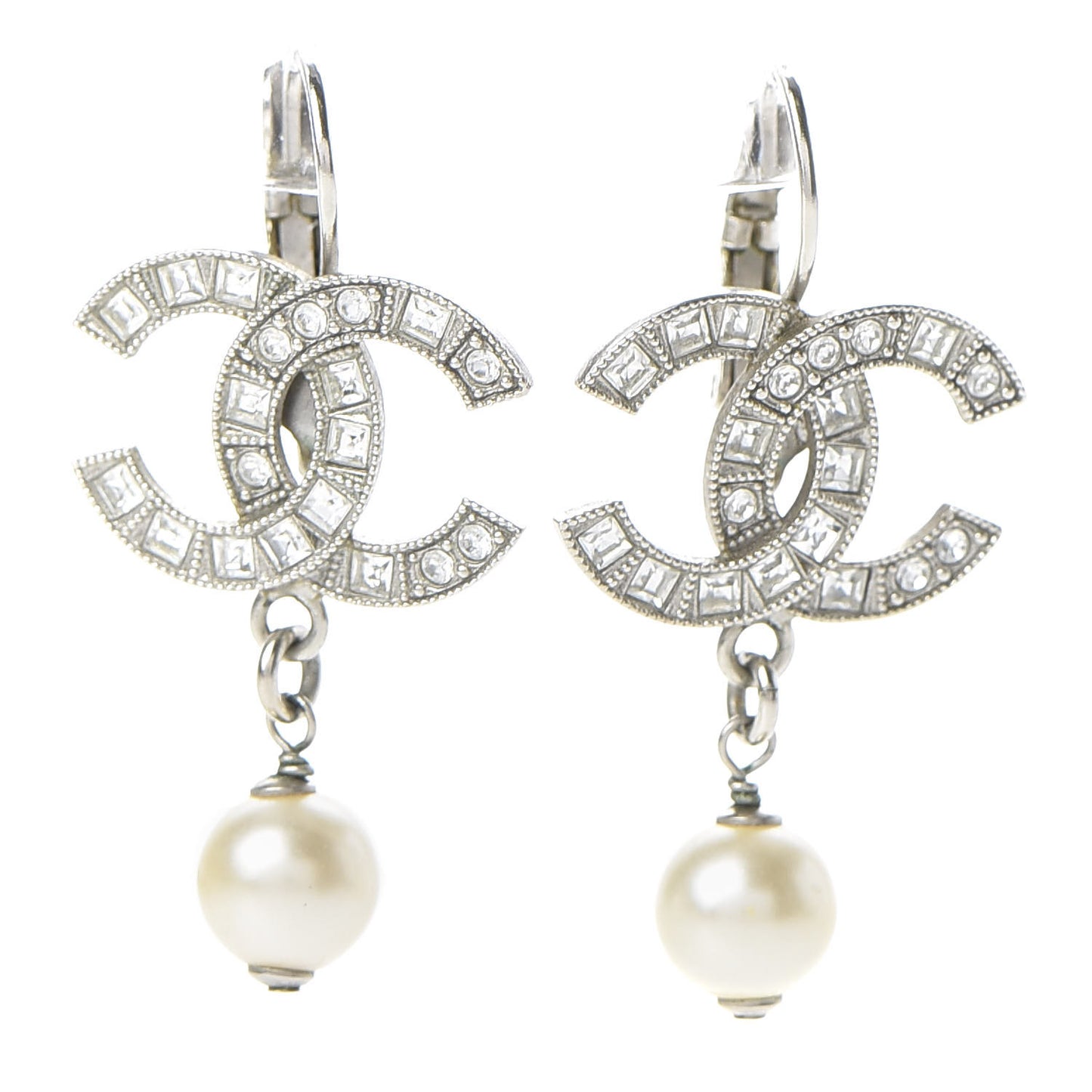 Baguette Crystal Pearl CC Drop Earrings Silver