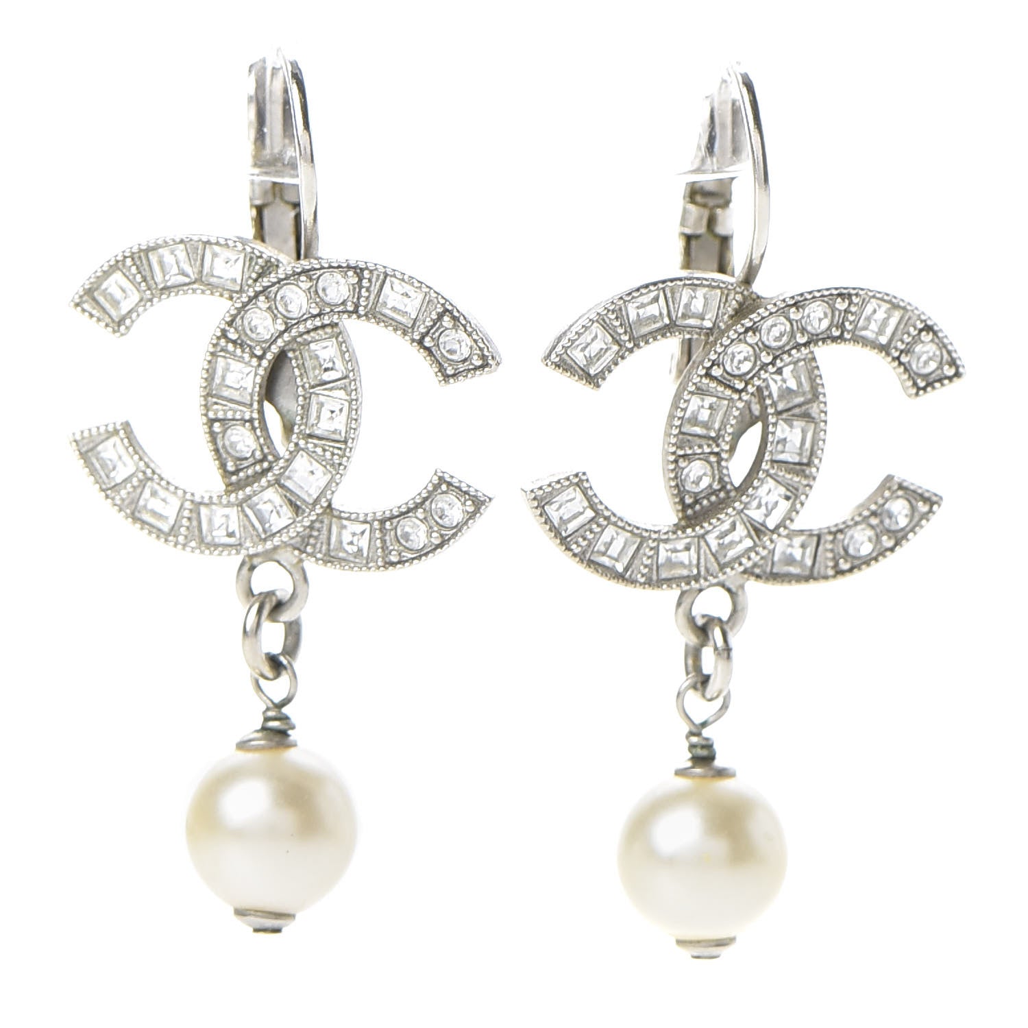 Chanel Baguette Crystal Pearl CC Drop Earrings Silver 1 of 5
