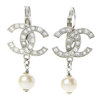 Chanel Baguette Crystal Pearl CC Drop Earrings Silver 1 of 5