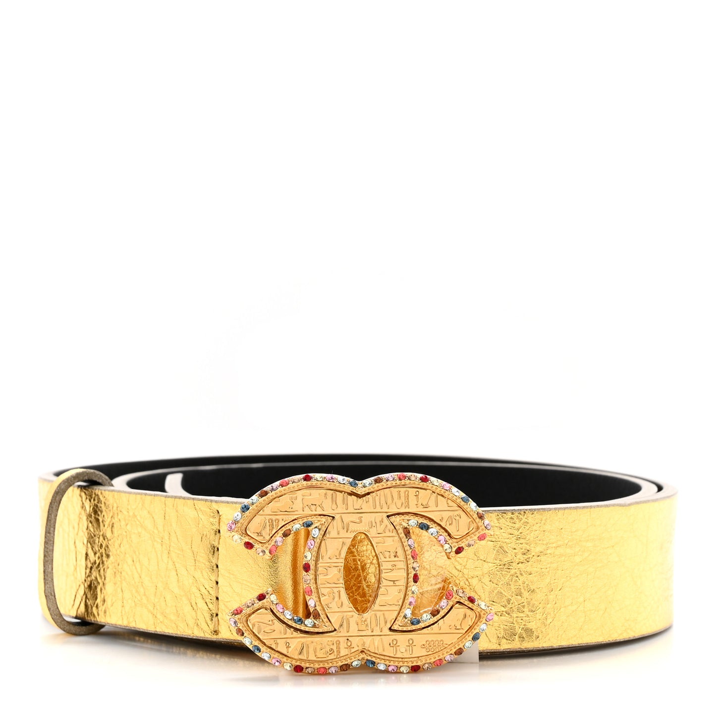 Metallic Calfskin Crystal Embellished CC Scarab Belt 70 28 Gold
