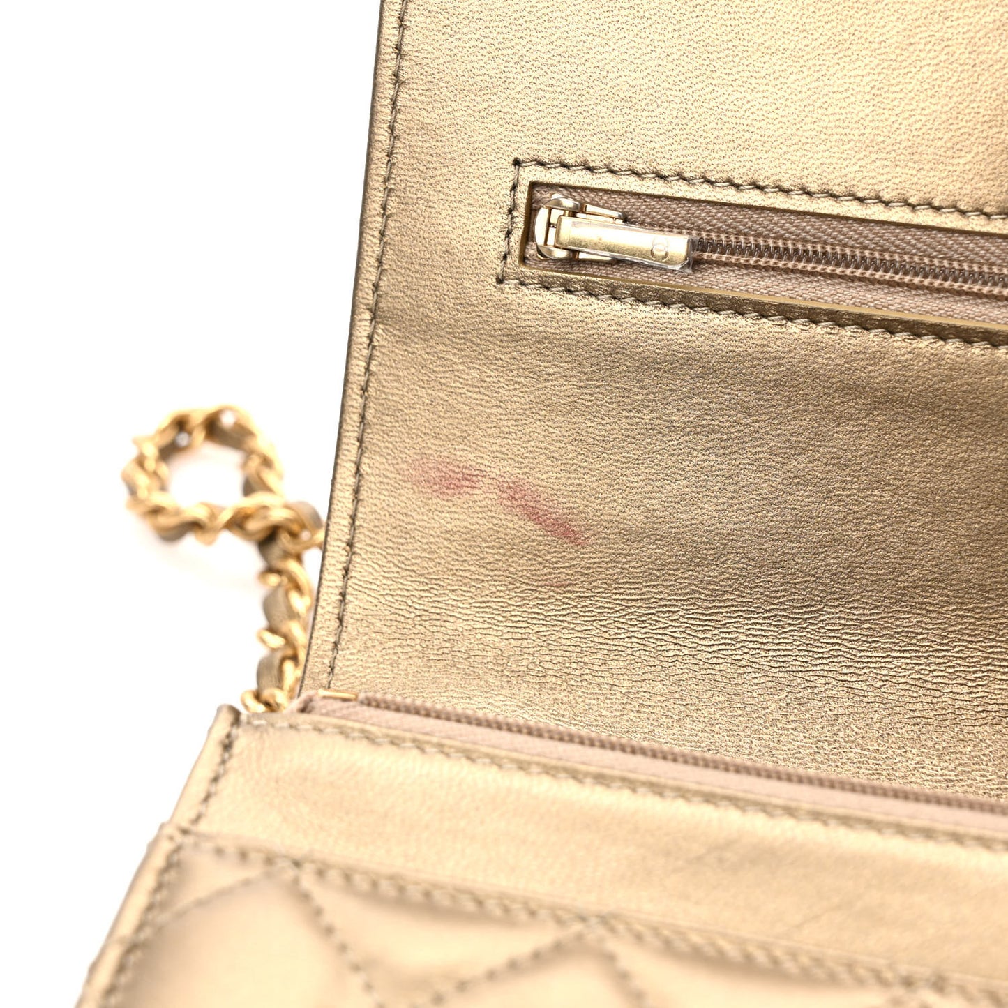 Metallic Lambskin Quilted CC Wallet On Chain WOC Gold