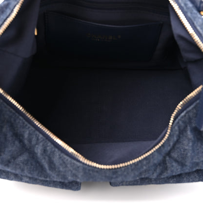 Chanel Washed Denim Quilted Large Trendy Pockets Hobo Dark Blue 4 of 10