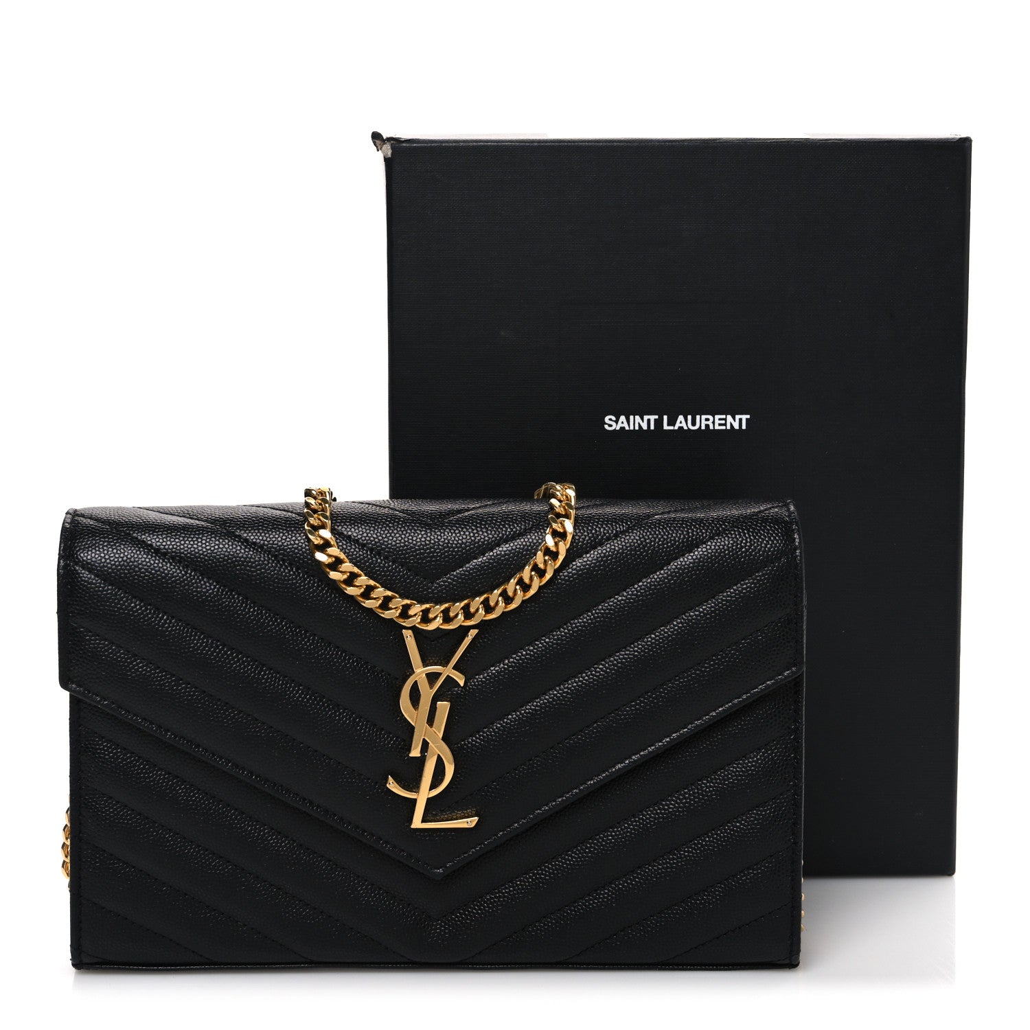 Saint Laurent Grain De Poudre Matelasse Chevron Monogram Chain Wallet Black 11 of 11