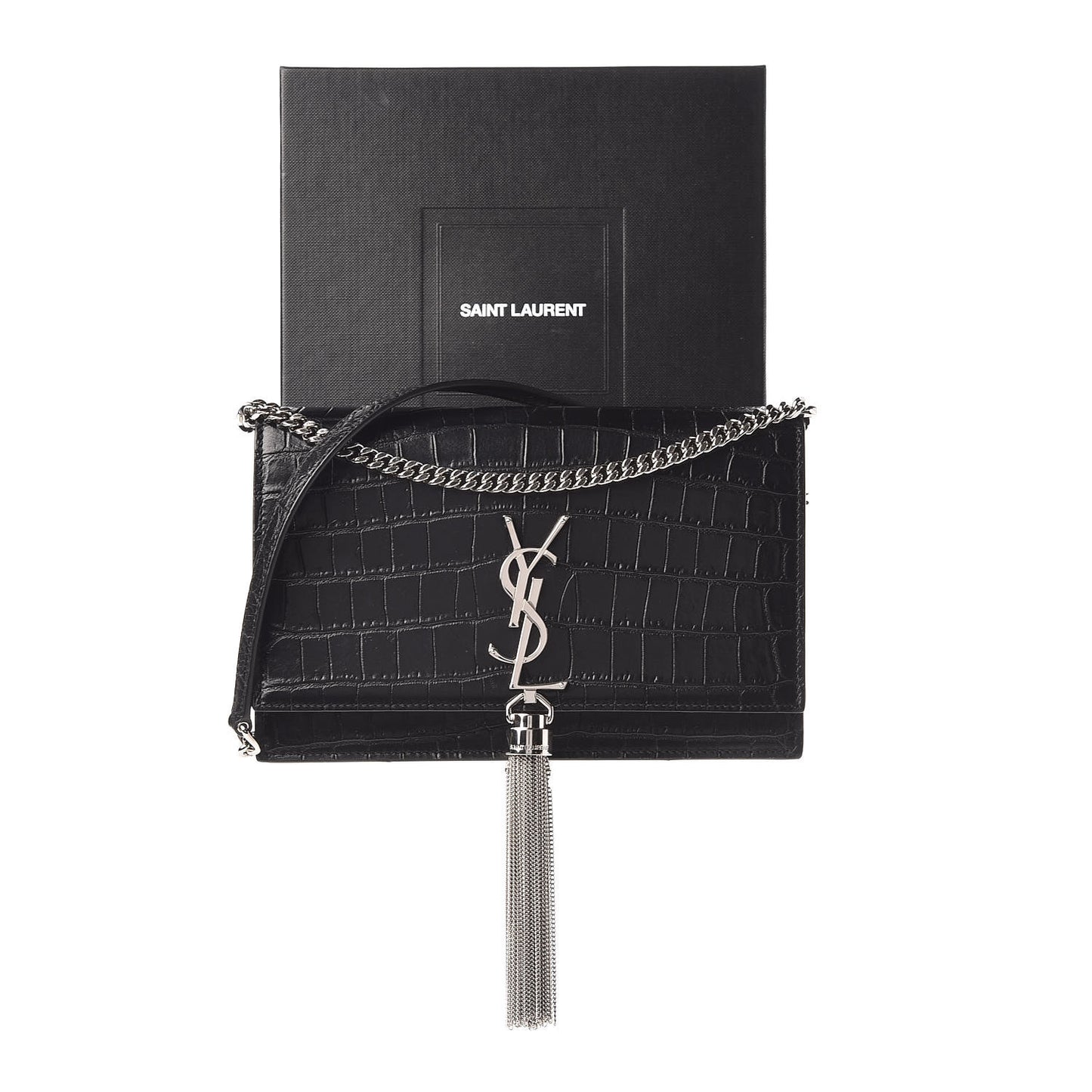 Calfskin Crocodile Embossed Kate Monogram Tassel Chain Wallet Black