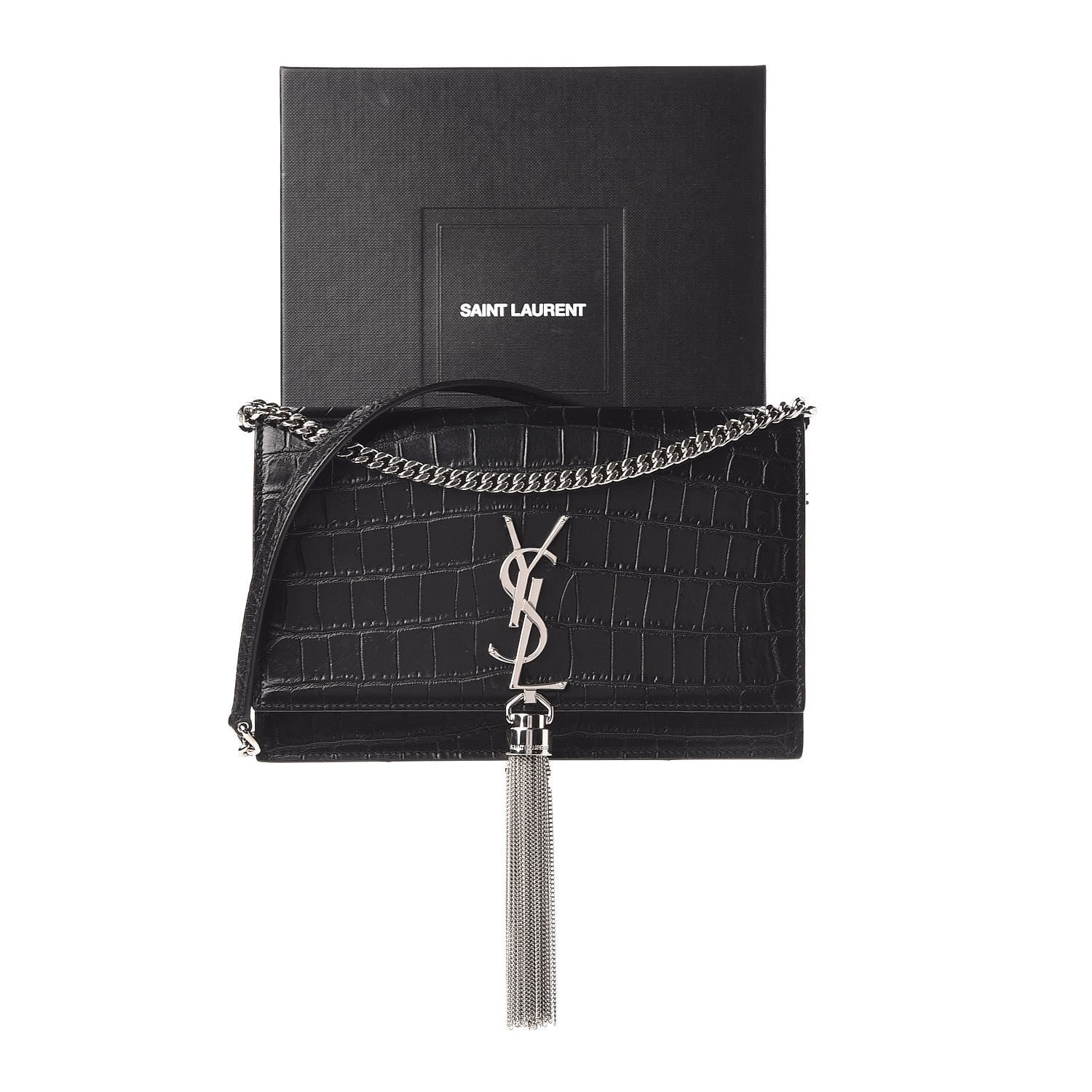 Saint Laurent Calfskin Crocodile Embossed Kate Monogram Tassel Chain Wallet Black 12 of 12