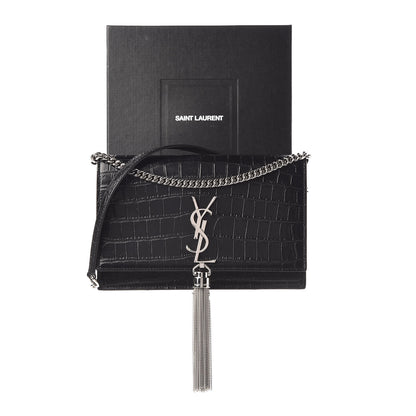 Saint Laurent Calfskin Crocodile Embossed Kate Monogram Tassel Chain Wallet Black 12 of 12