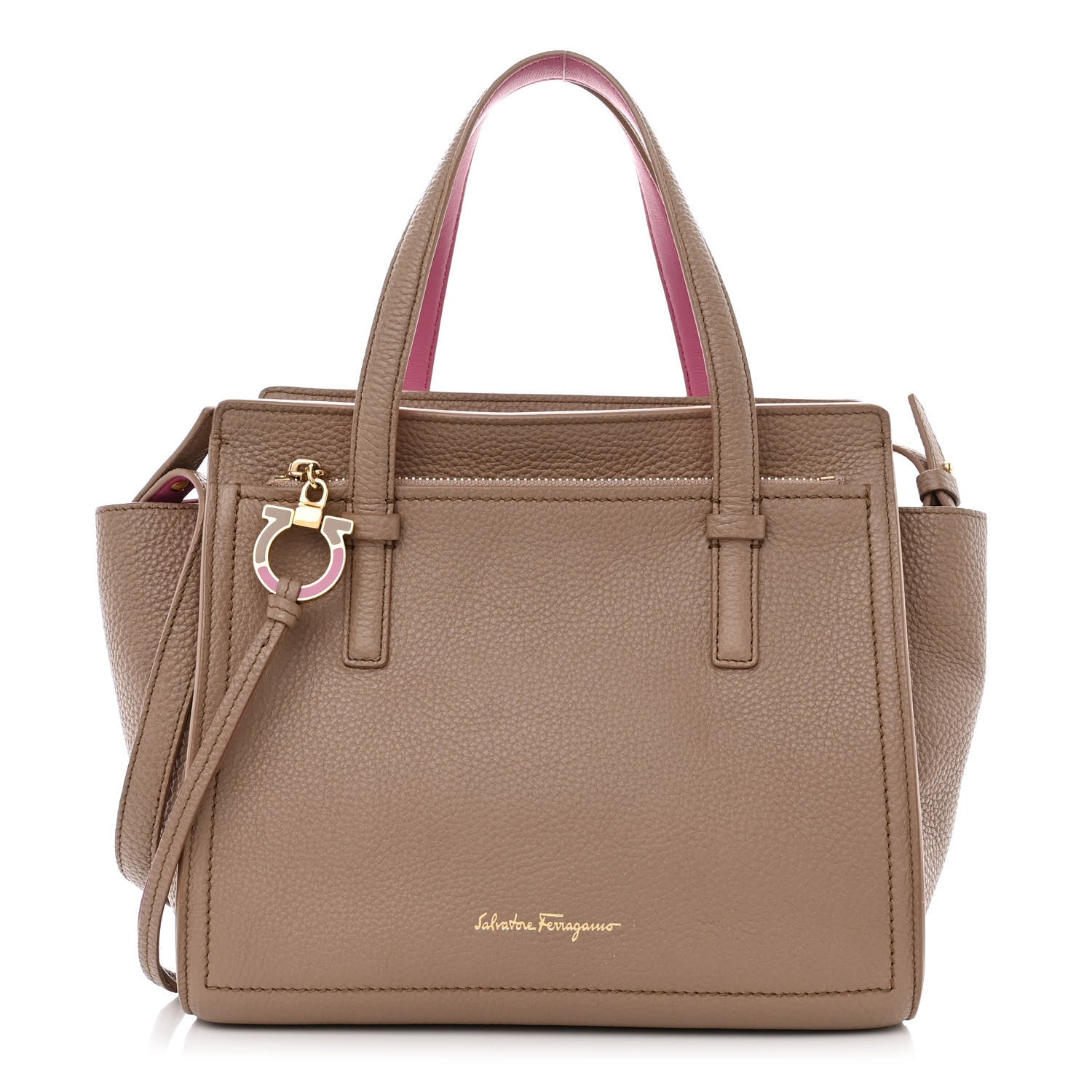 Salvatore Ferragamo Hammered Calfskin Double Handle Small Amy Tote Beige Pink 1 of 10