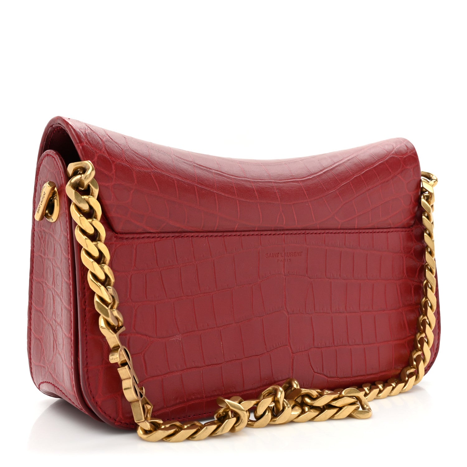 Saint Laurent Calfskin Crocodile Embossed Elise Chain Shoulder Bag Red 3 of 19