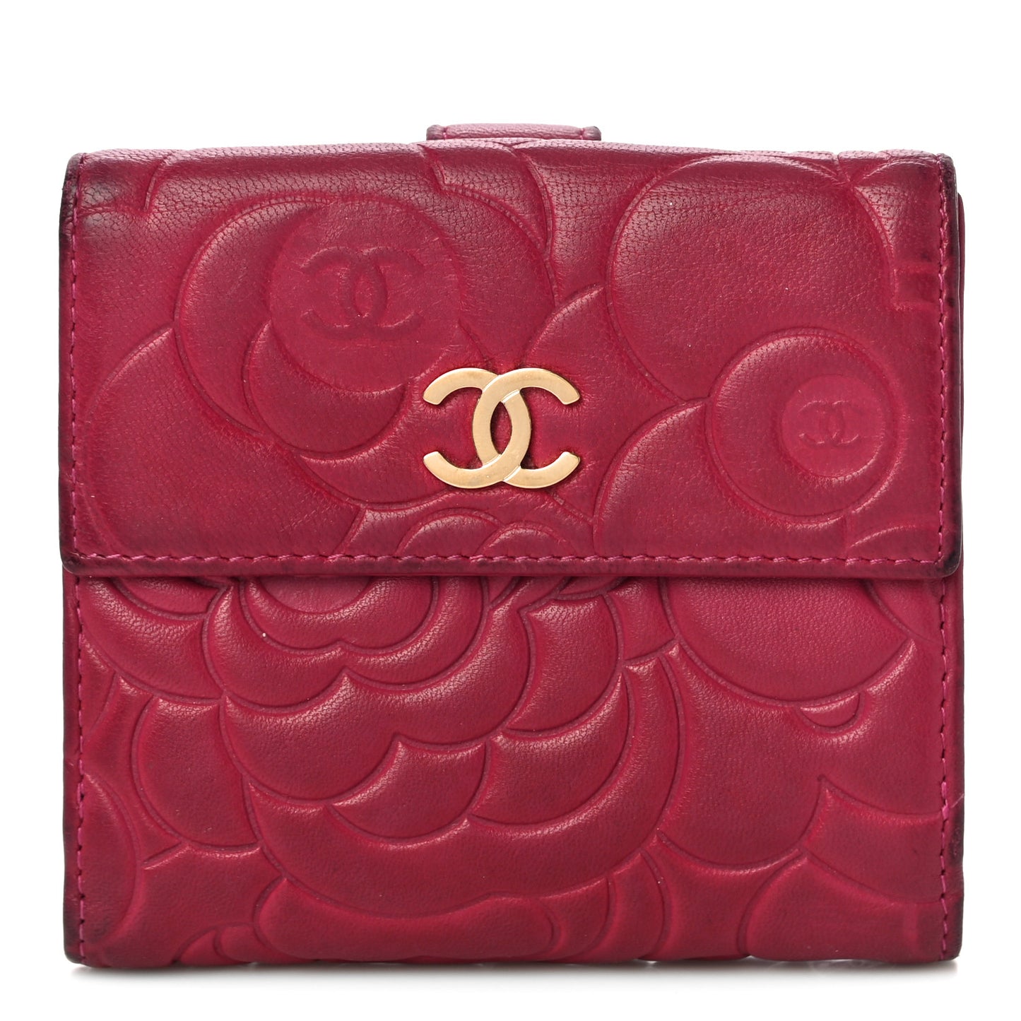 Lambskin Camellia Embossed French Wallet Dark Red