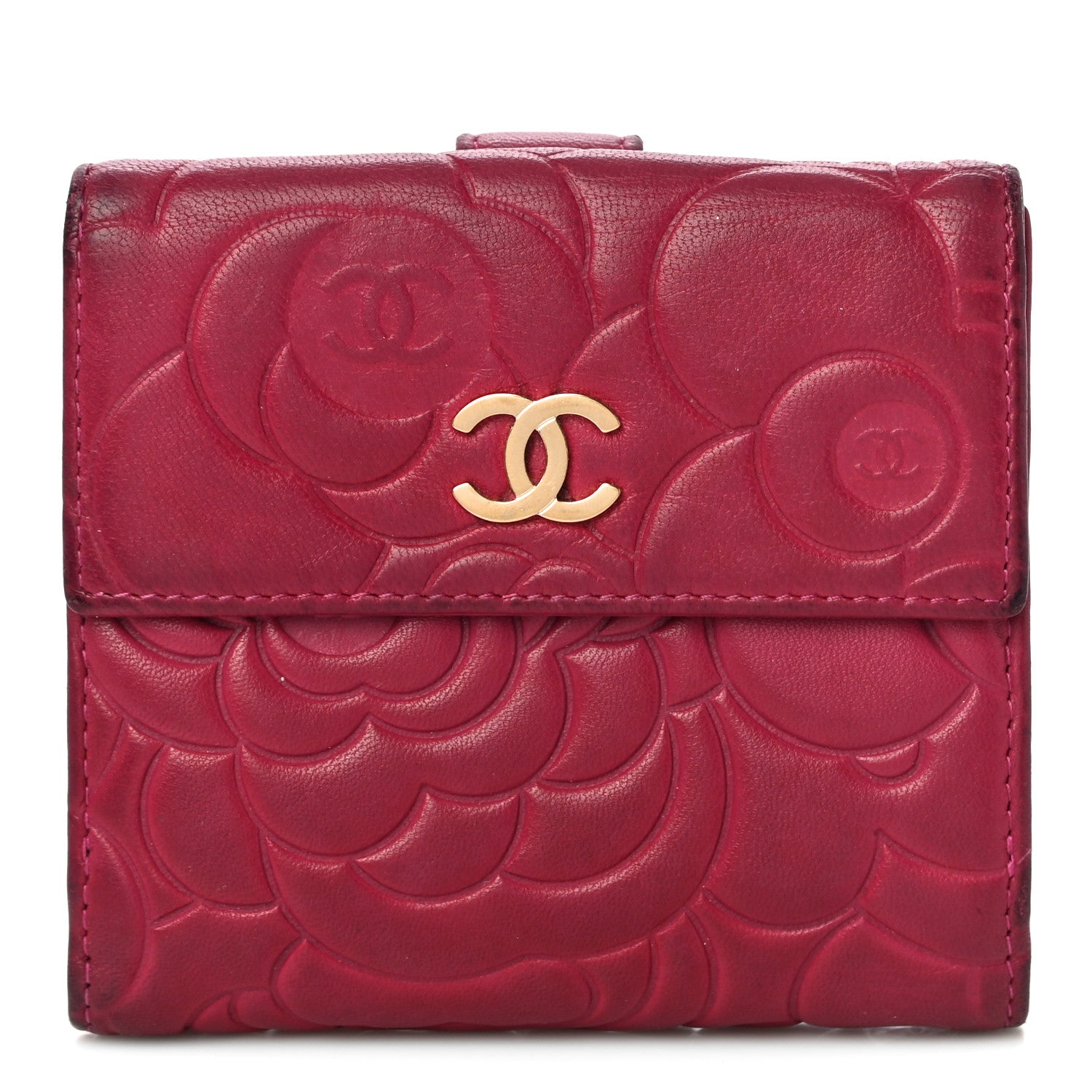 Chanel Lambskin Camellia Embossed French Wallet Dark Red 1 of 18