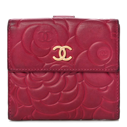 Chanel Lambskin Camellia Embossed French Wallet Dark Red 1 of 18