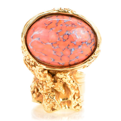 Saint Laurent Glass Cabochon Arty Ovale Ring 7 Gold Coral 1 of 3