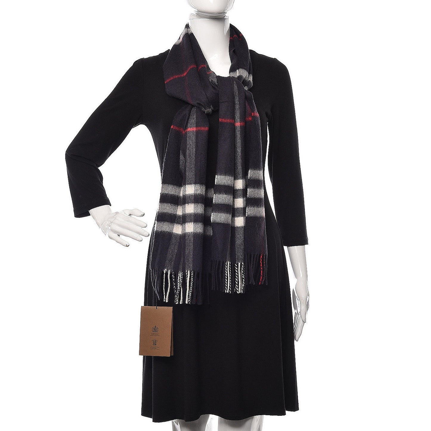 Cashmere Giant Check Fringe Scarf Navy