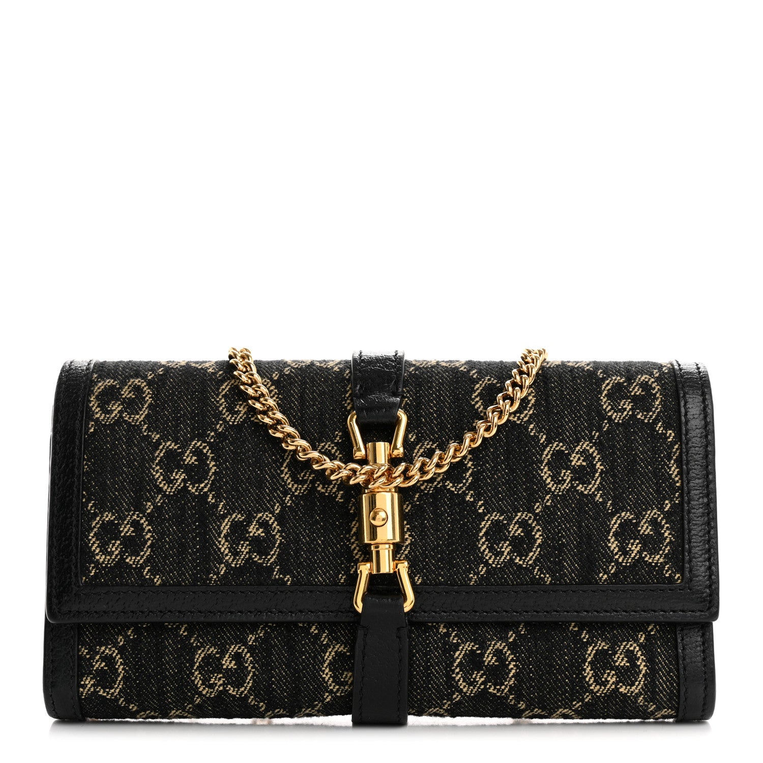 Gucci Jacquard Black Denim GG Monogram Textured Dollar Calfskin Jackie 1961 Chain Wallet Black Ivory 1 of 12