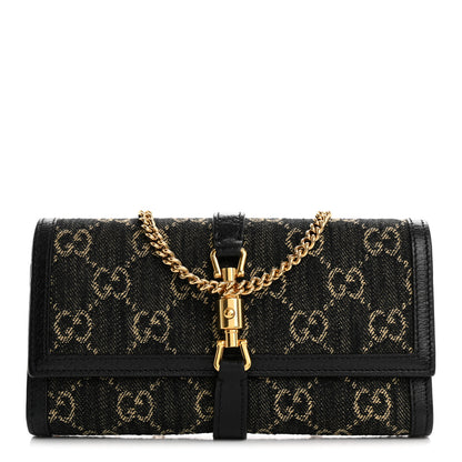 Gucci Jacquard Black Denim GG Monogram Textured Dollar Calfskin Jackie 1961 Chain Wallet Black Ivory 1 of 12