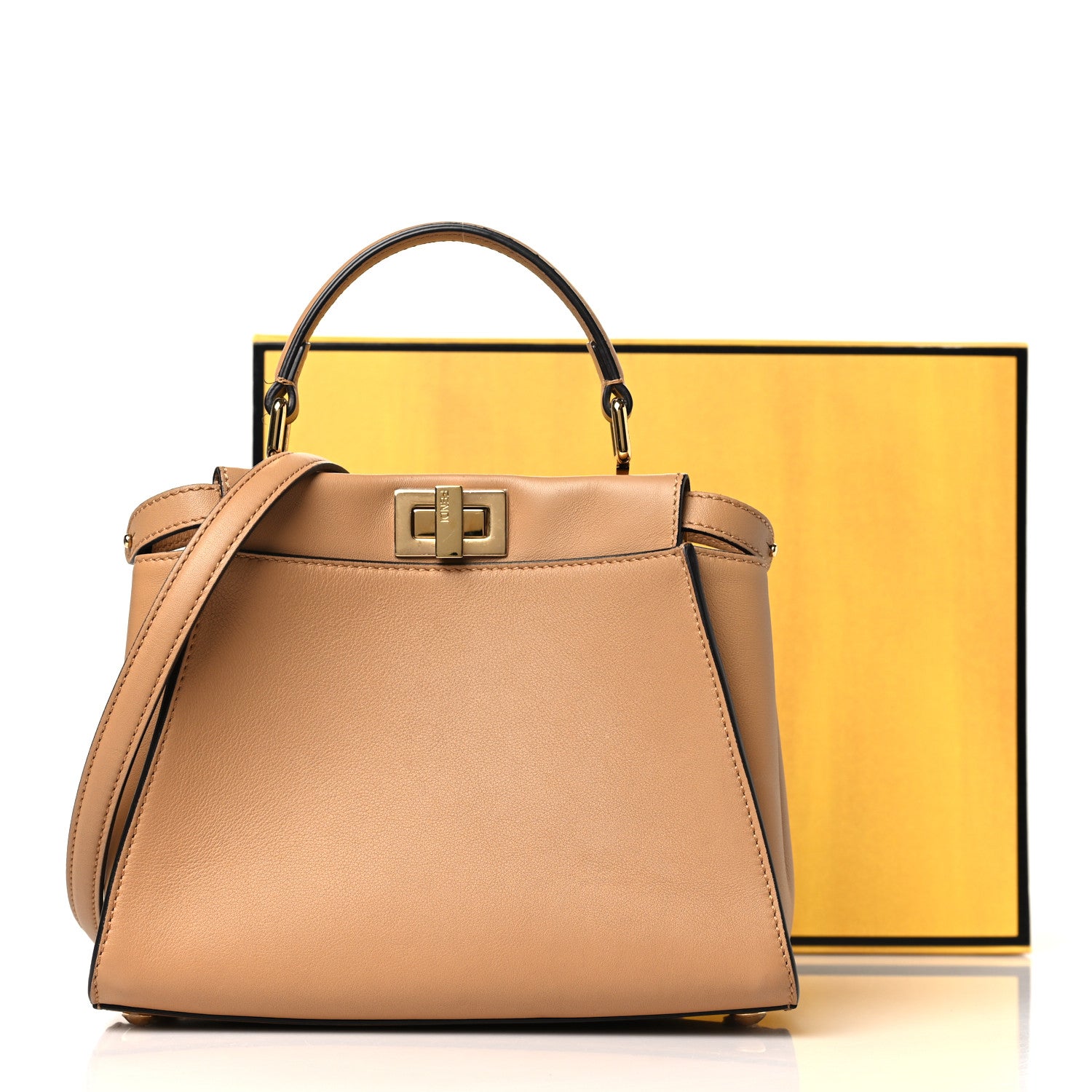 Fendi Vitello Seta Nappa FF Embossed Mini Peekaboo Iconic Satchel Miele Scuro 13 of 13
