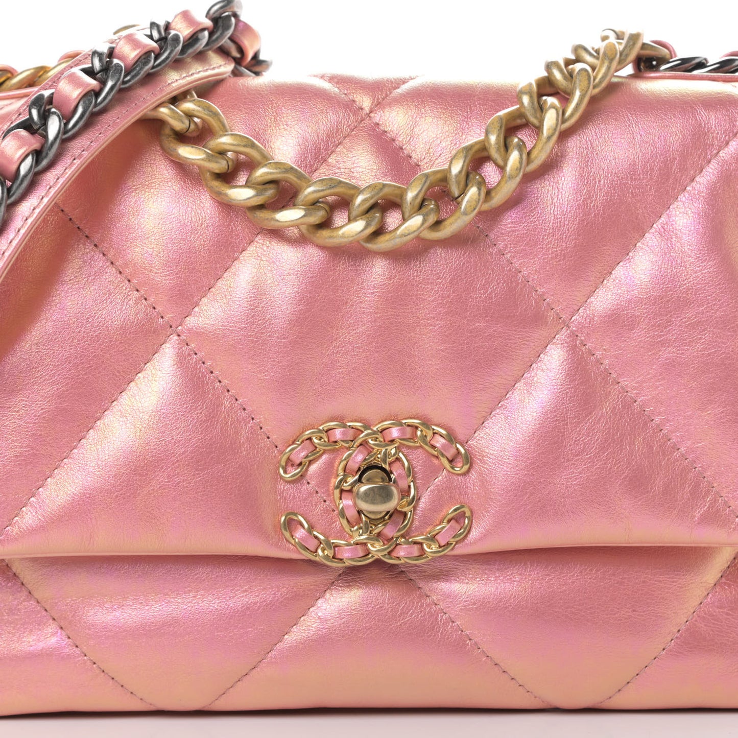 Iridescent Calfskin Quilted Medium Chanel 19 Flap Pink