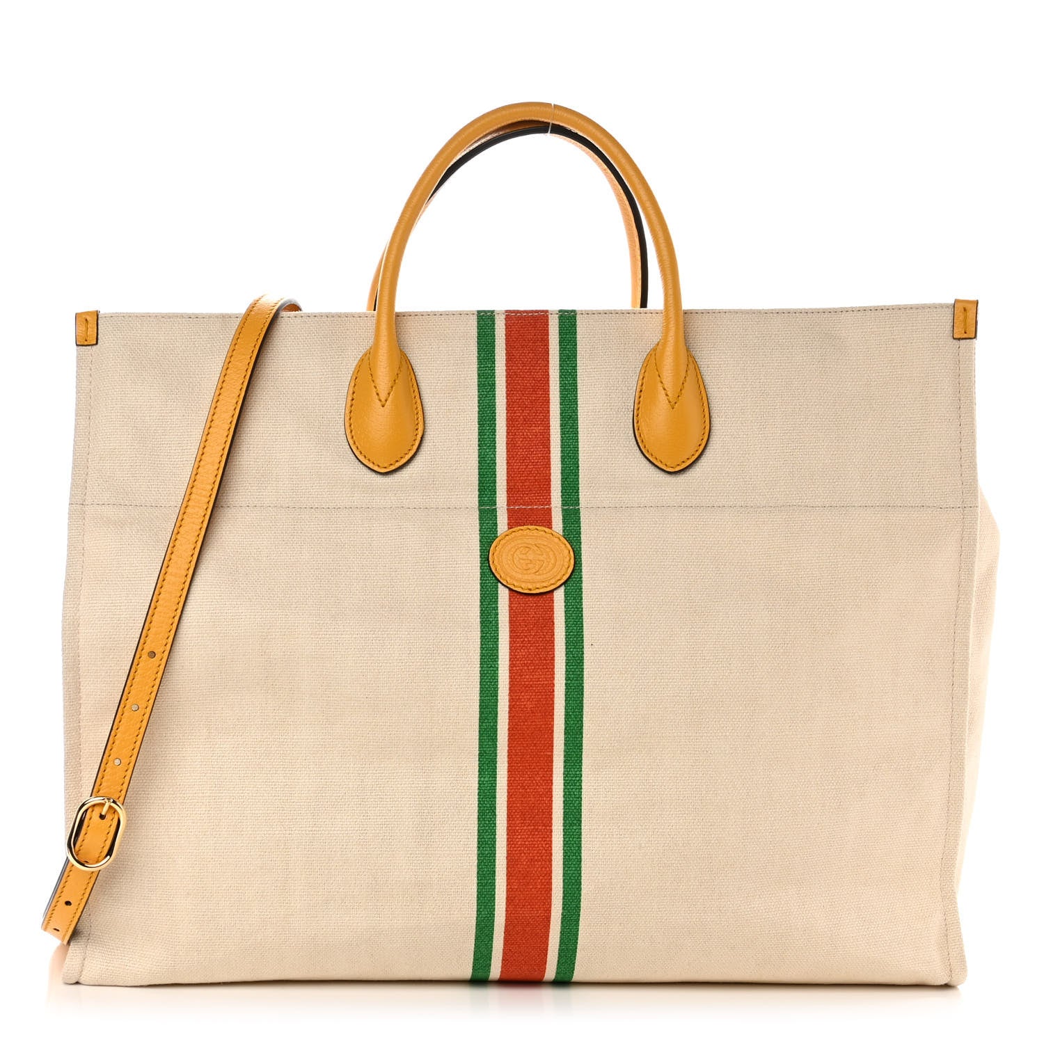 Gucci Linen Heavy Canvas Textured Dollar Calfskin Web Large Retro Interlocking G Foldable Tote Light Beige 1 of 11