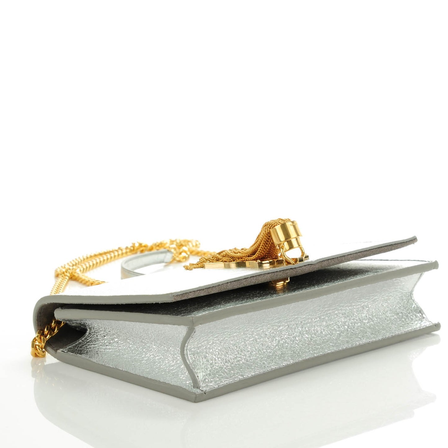 Metallic Calfskin Kate Monogram Tassel Chain Wallet Silver