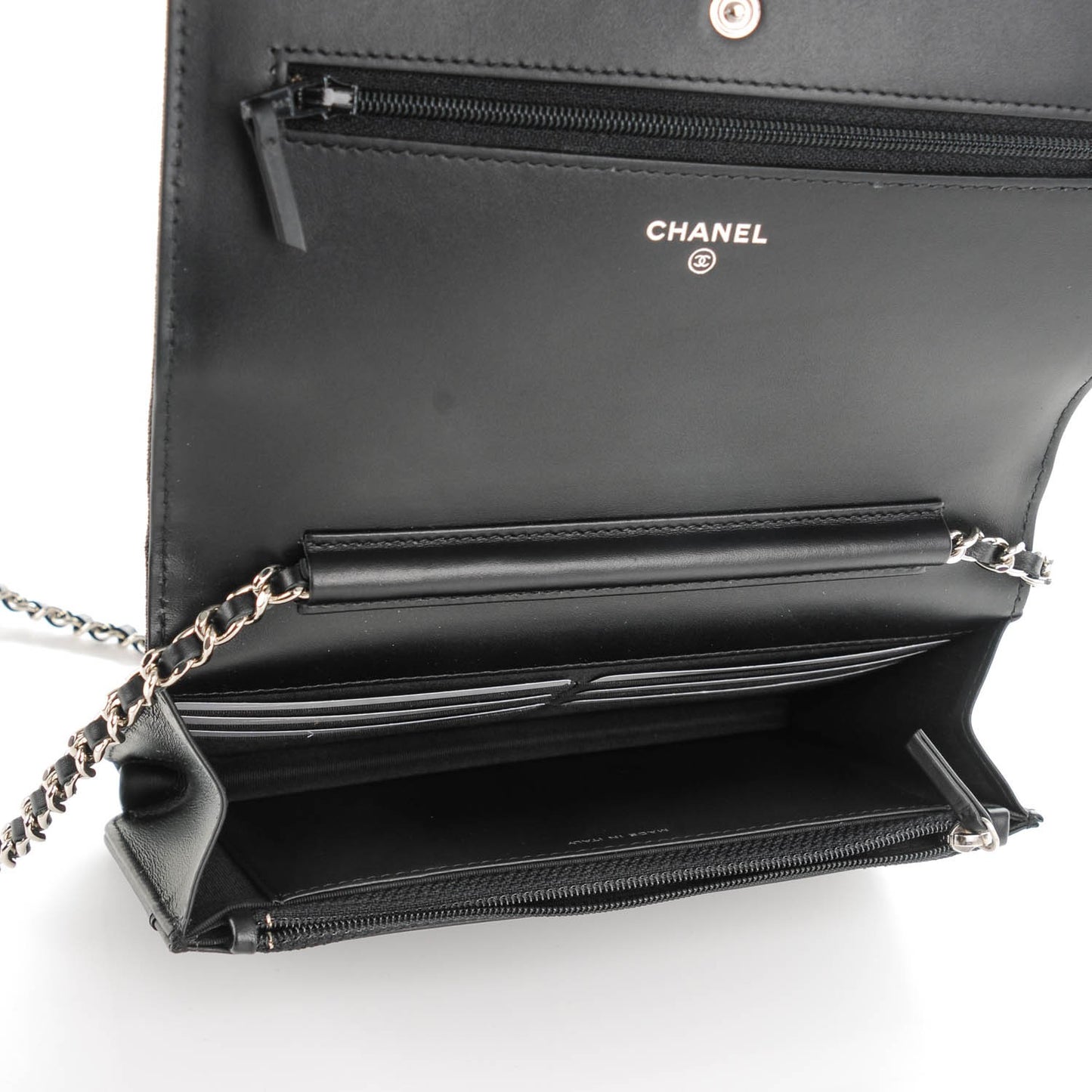 Iridescent Calfskin Camellia Embossed Wallet on Chain WOC Black
