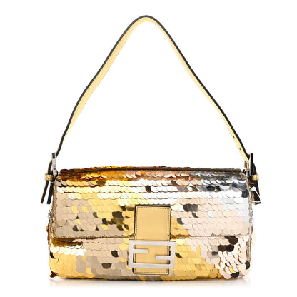 Fendi Sequin Paillettes Vitello Laminato Striped Baguette 1997 Oro Sfumato 1 of 9