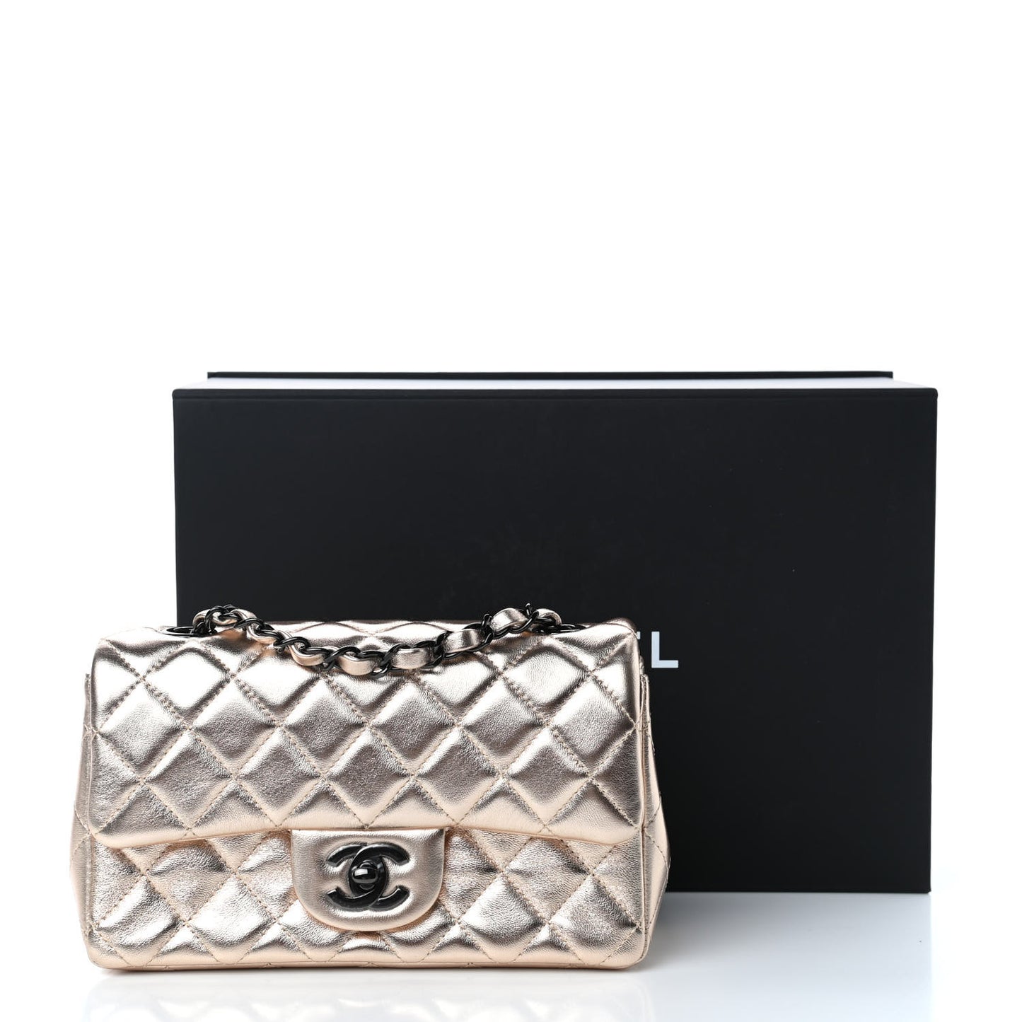 Metallic Lambskin Quilted Mini Rectangular Flap Gold Black