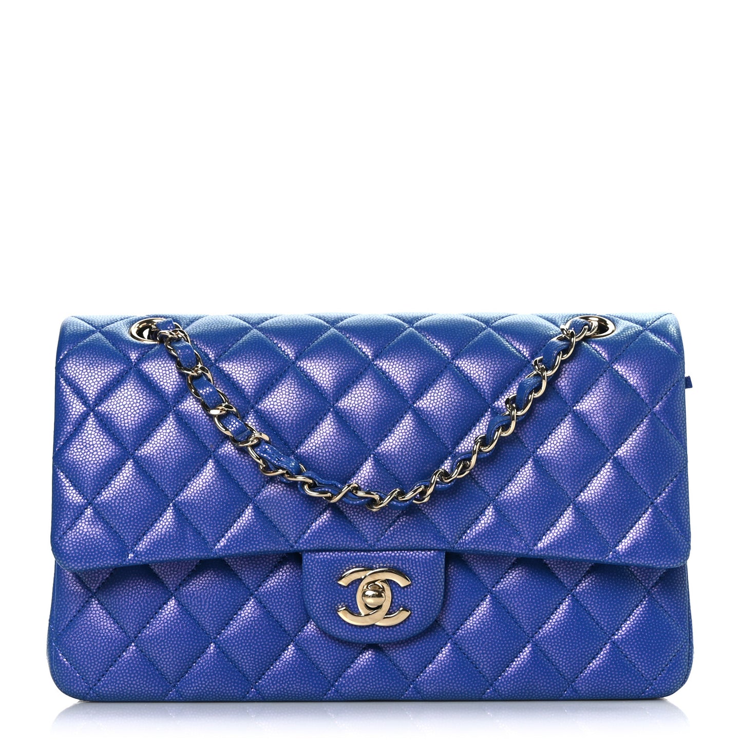 Iridescent Caviar Quilted Medium Double Flap Blue