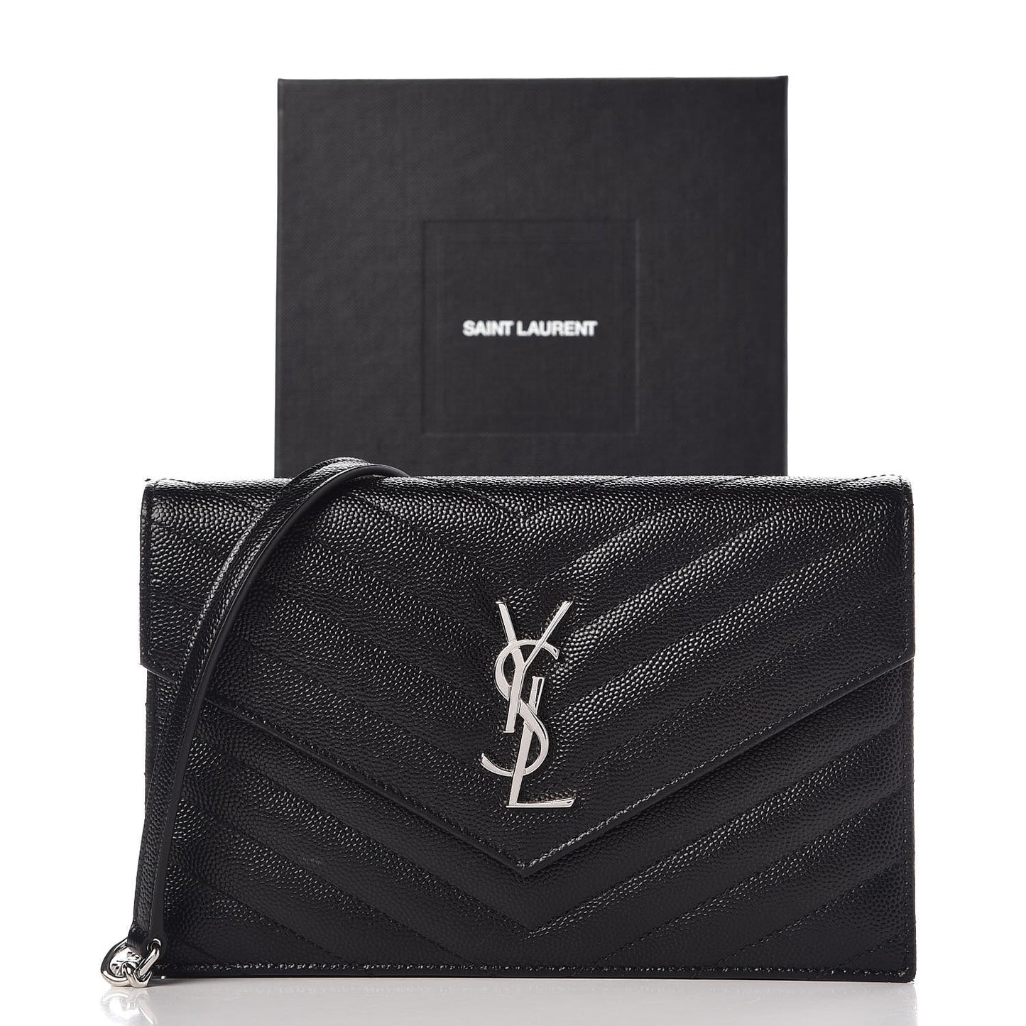 Grain De Poudre Matelasse Chevron Monogram Envelope Chain Wallet Black
