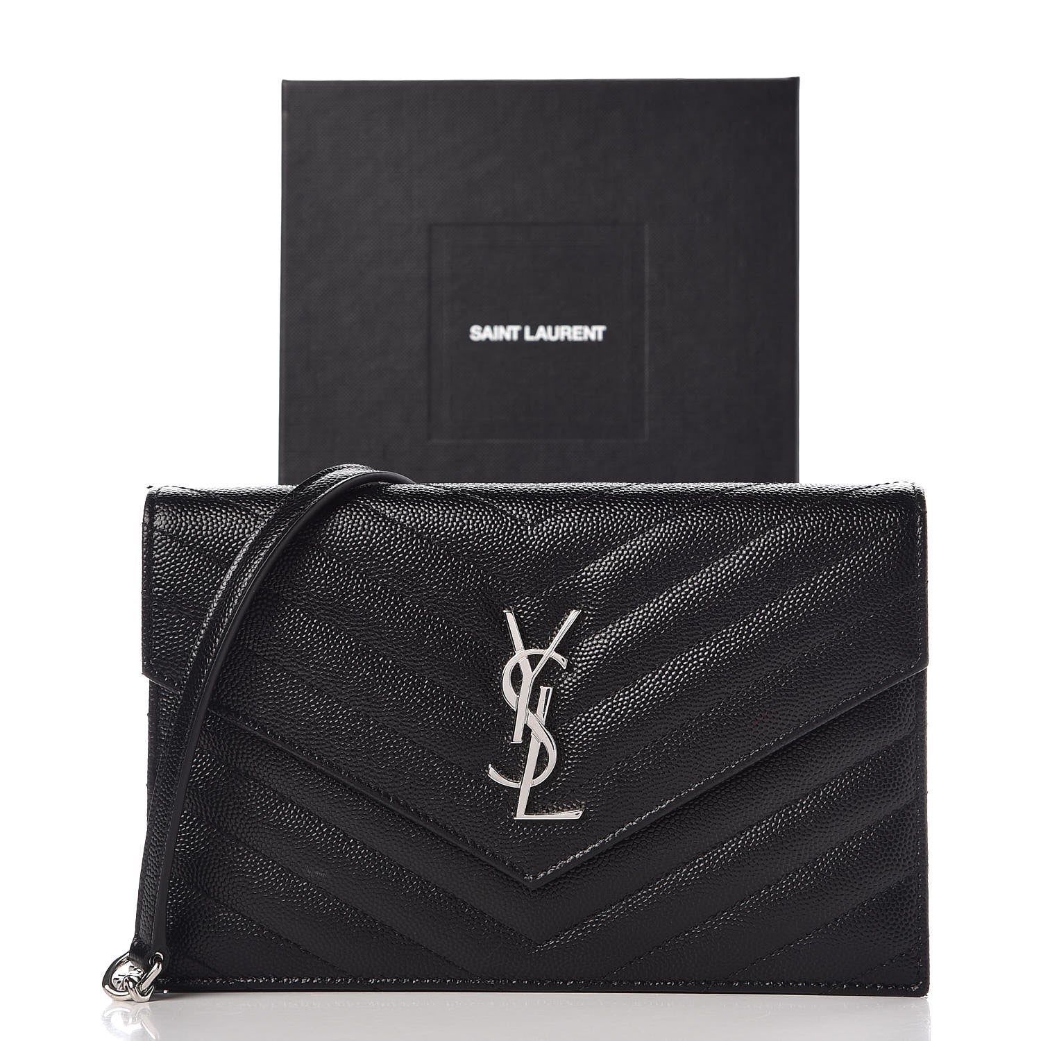 Saint Laurent Grain De Poudre Matelasse Chevron Monogram Envelope Chain Wallet Black 10 of 10
