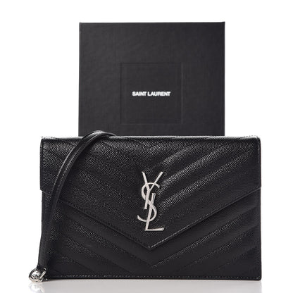 Saint Laurent Grain De Poudre Matelasse Chevron Monogram Envelope Chain Wallet Black 10 of 10
