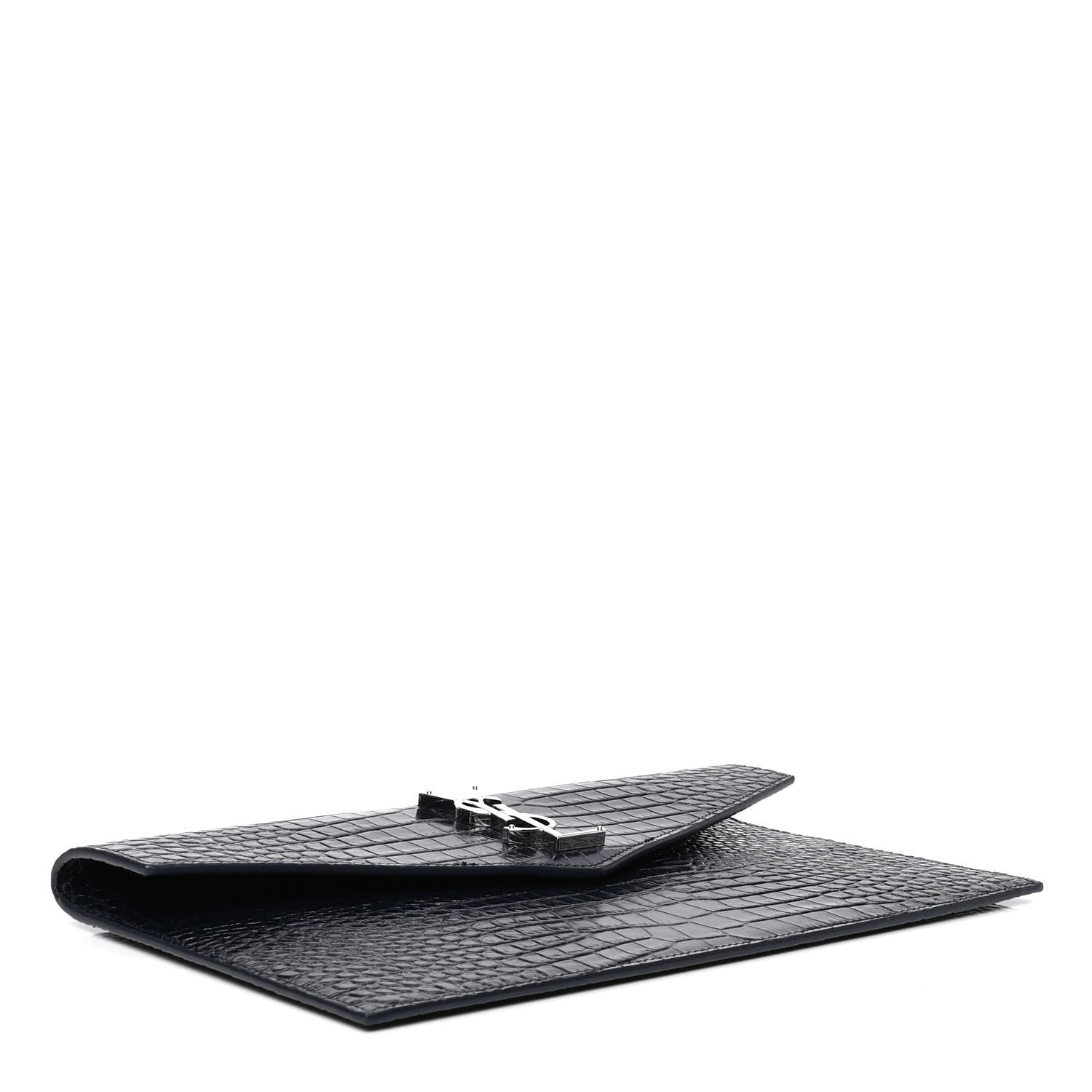 Saint Laurent Calfskin Crocodile Embossed Uptown Monogram Clutch Deep Marine 3 of 4