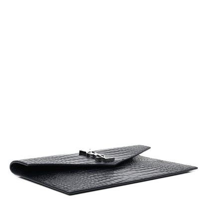 Saint Laurent Calfskin Crocodile Embossed Uptown Monogram Clutch Deep Marine 3 of 4