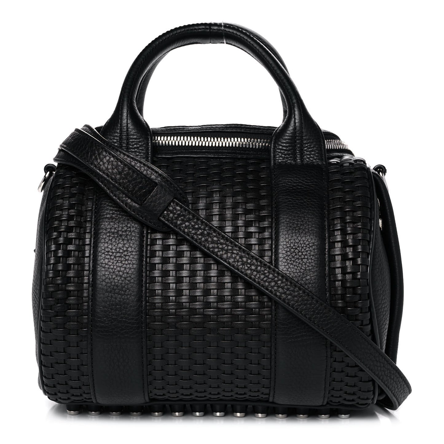 Pebbled Lambskin Woven Rocco Black Silver Hardware